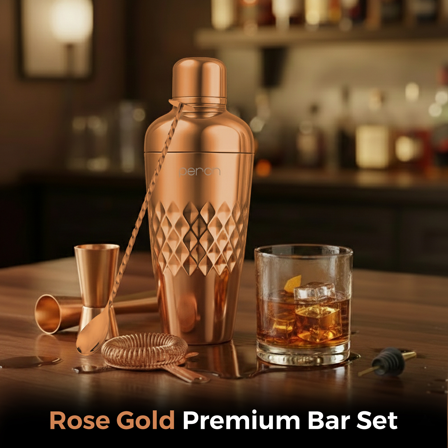 Craft 8-Piece Stainless Steel Belly Cocktail Shaker Set with Bar Tools – Rose Gold