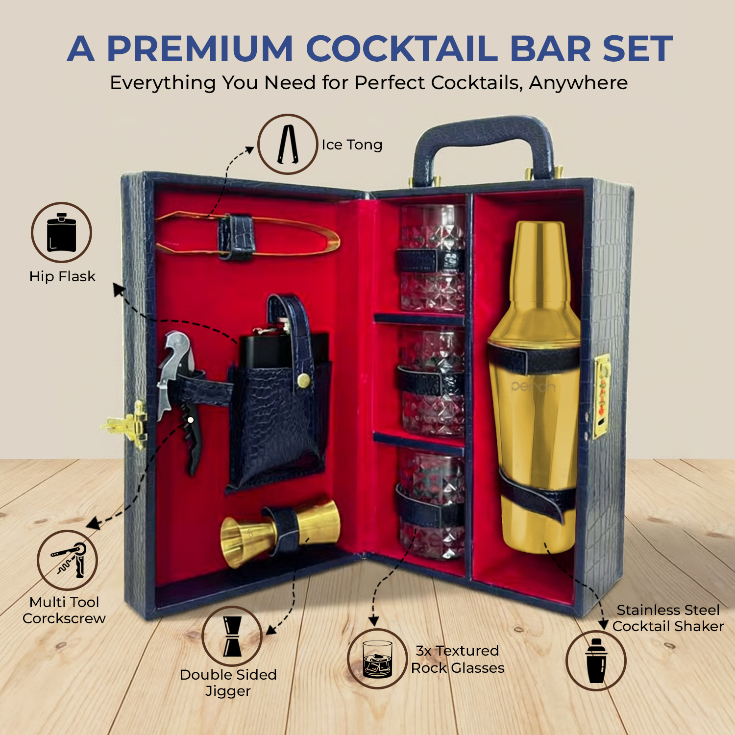 9-Piece Crocodile Print Leatherette Suitcase Bar Set with Cocktail Shaker & 3 Whisky Glasses – Golden