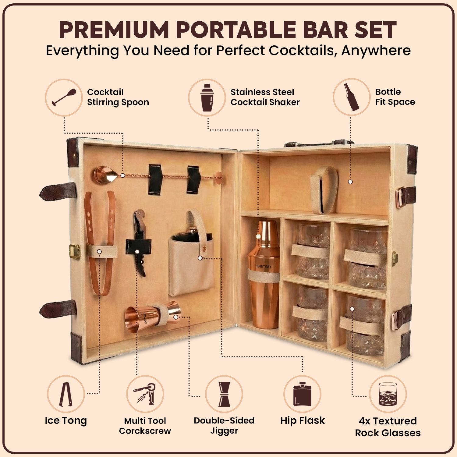 11-Piece Brown Leatherette Suitcase Bar Set with Cocktail Shaker & 4 Whisky Glasses – Rose Gold