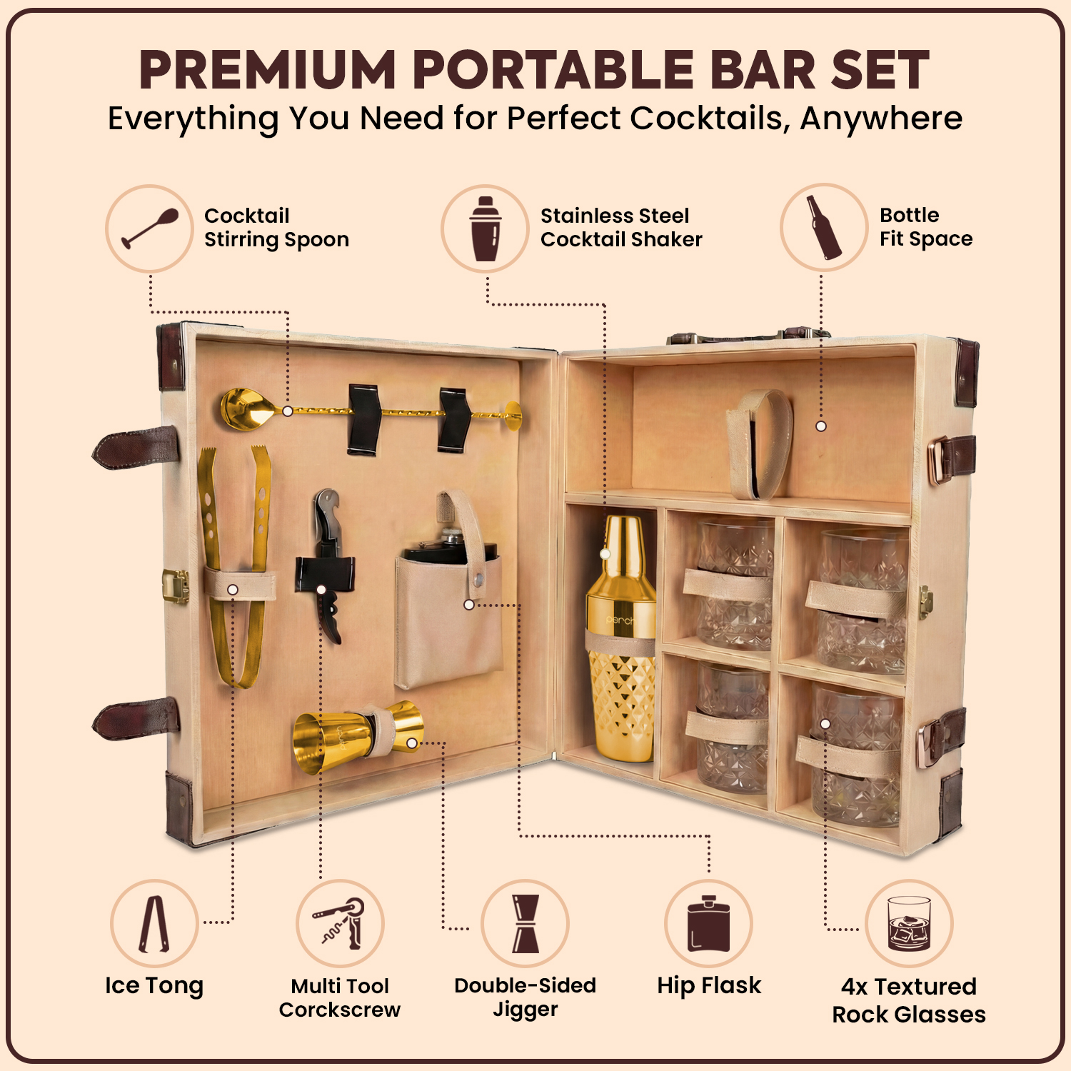 11-Piece Brown Leatherette Suitcase Bar Set with Diamond Cocktail Shaker & 4 Whisky Glasses – Golden