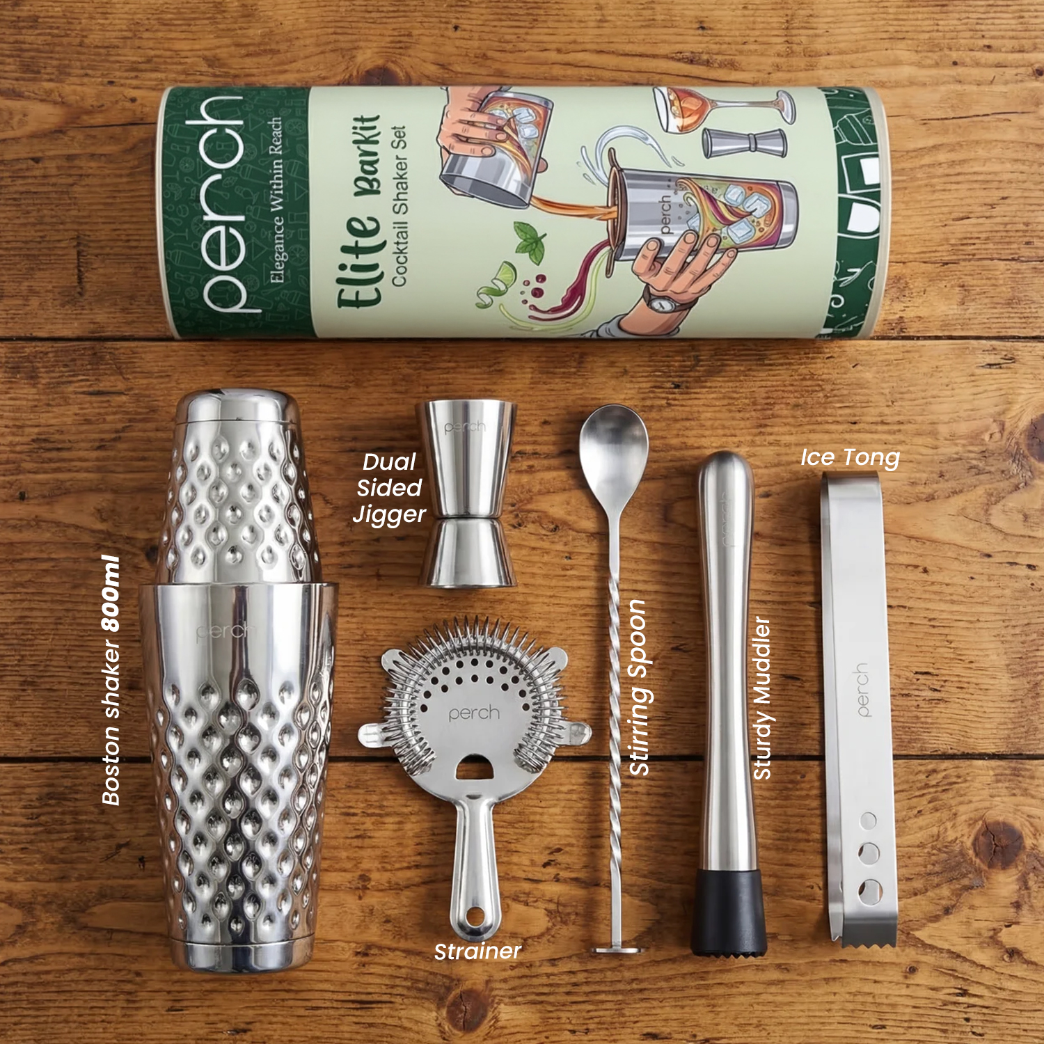 Elite 6-Piece Stainless Steel Bartender Kit | Boston Cocktail Shaker Set with Bar Tools -Silver