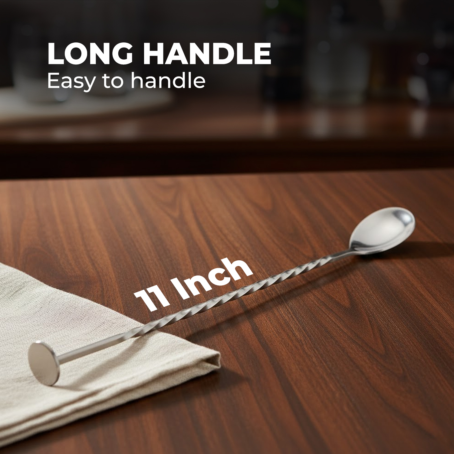 Bar Spoon for Cocktails, Mocktails & Beverages – Long Handle Stirring Spoon – Silver