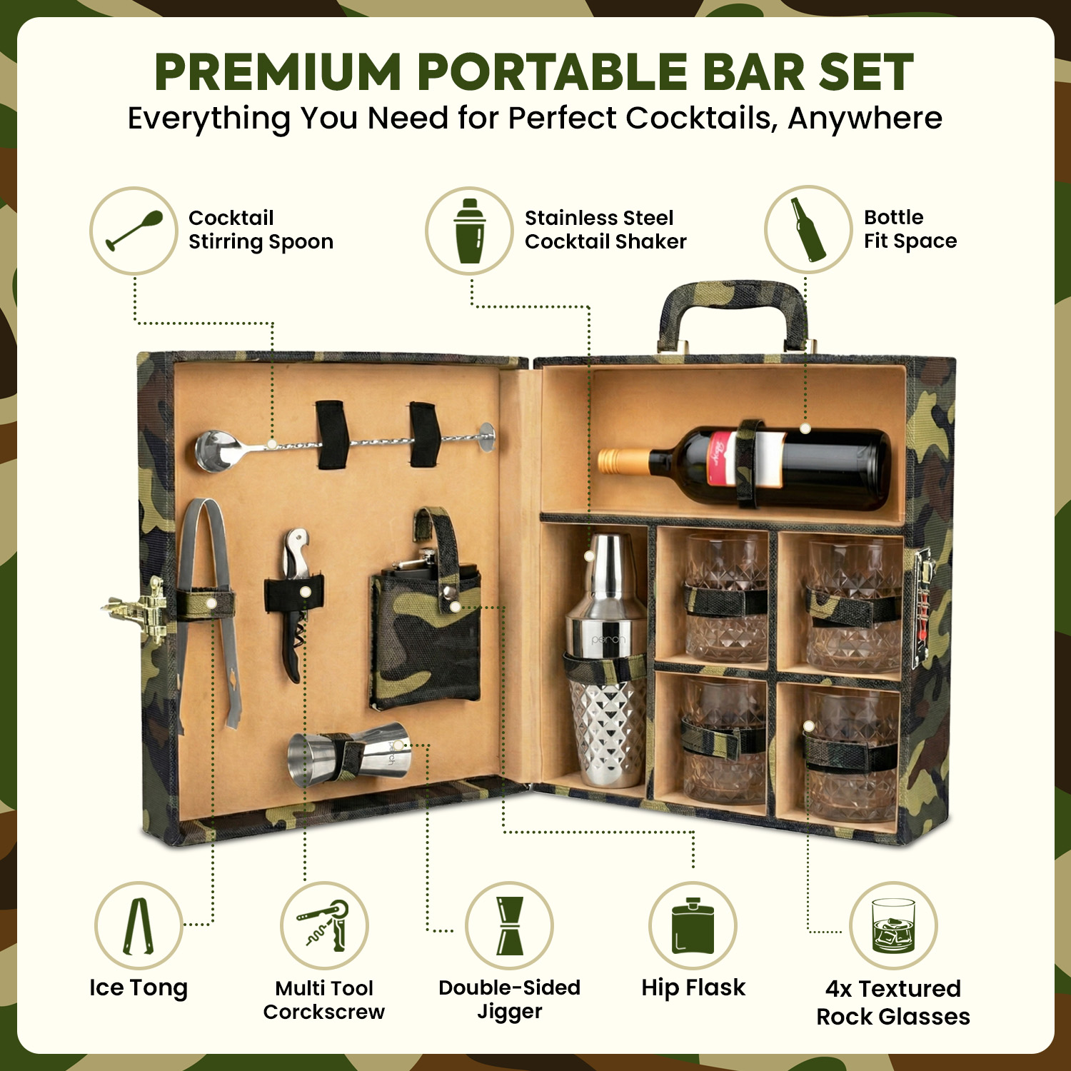 11-Piece Army Print Leatherette Suitcase Bar Set with Diamond Cocktail Shaker & 4 Whisky Glasses – Silver