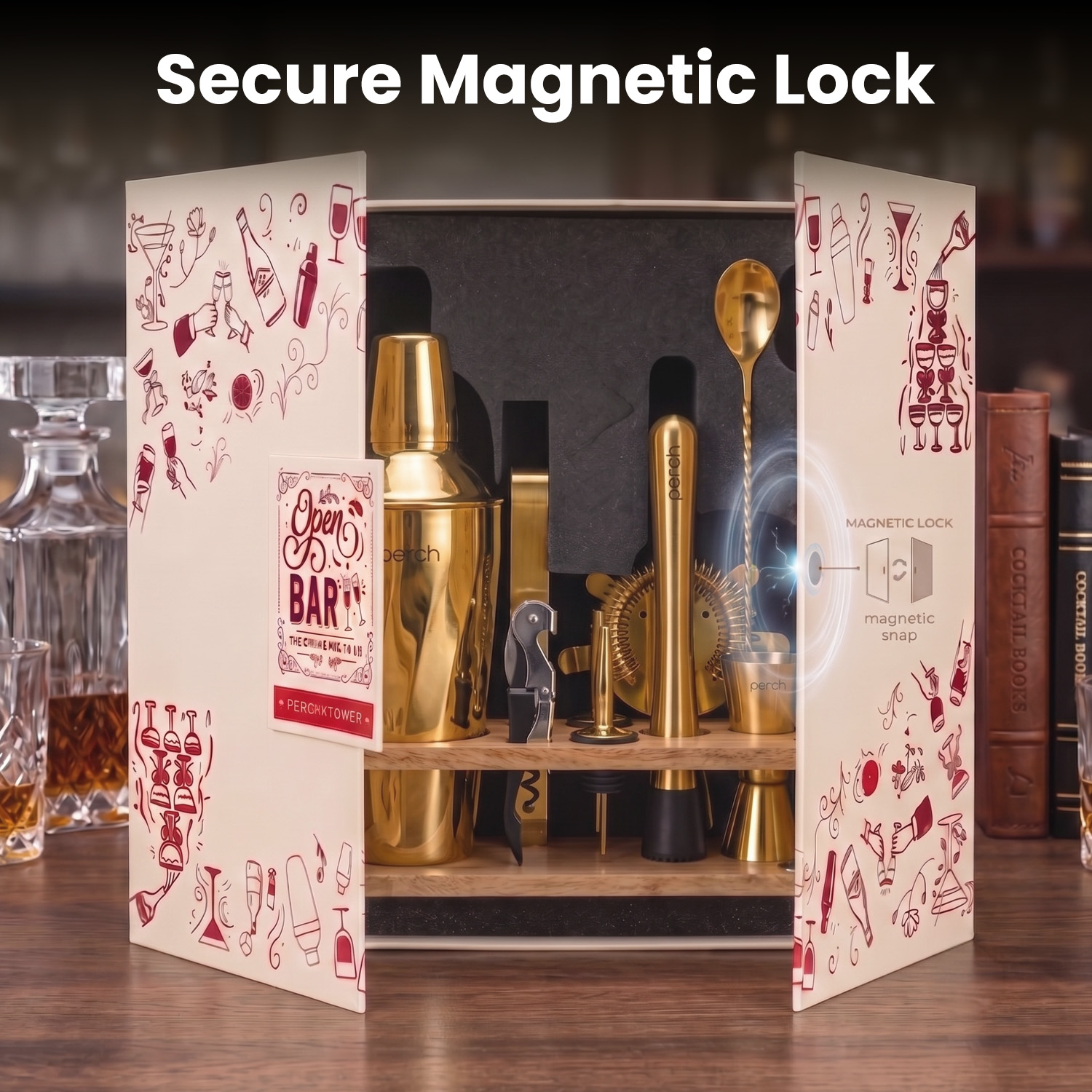 O' Holic 10-Piece Bartender Kit with Mango Wooden Stand | Belly Cocktail Shaker | Rose Gold