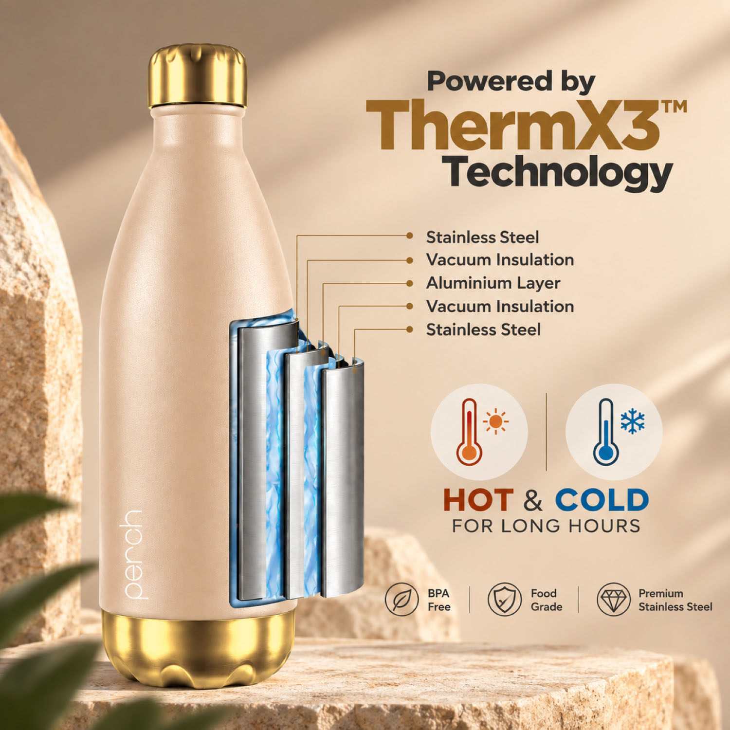 Retro 980ml Vacuum Insulated Stainless Steel Water Bottle, Golden-Amber