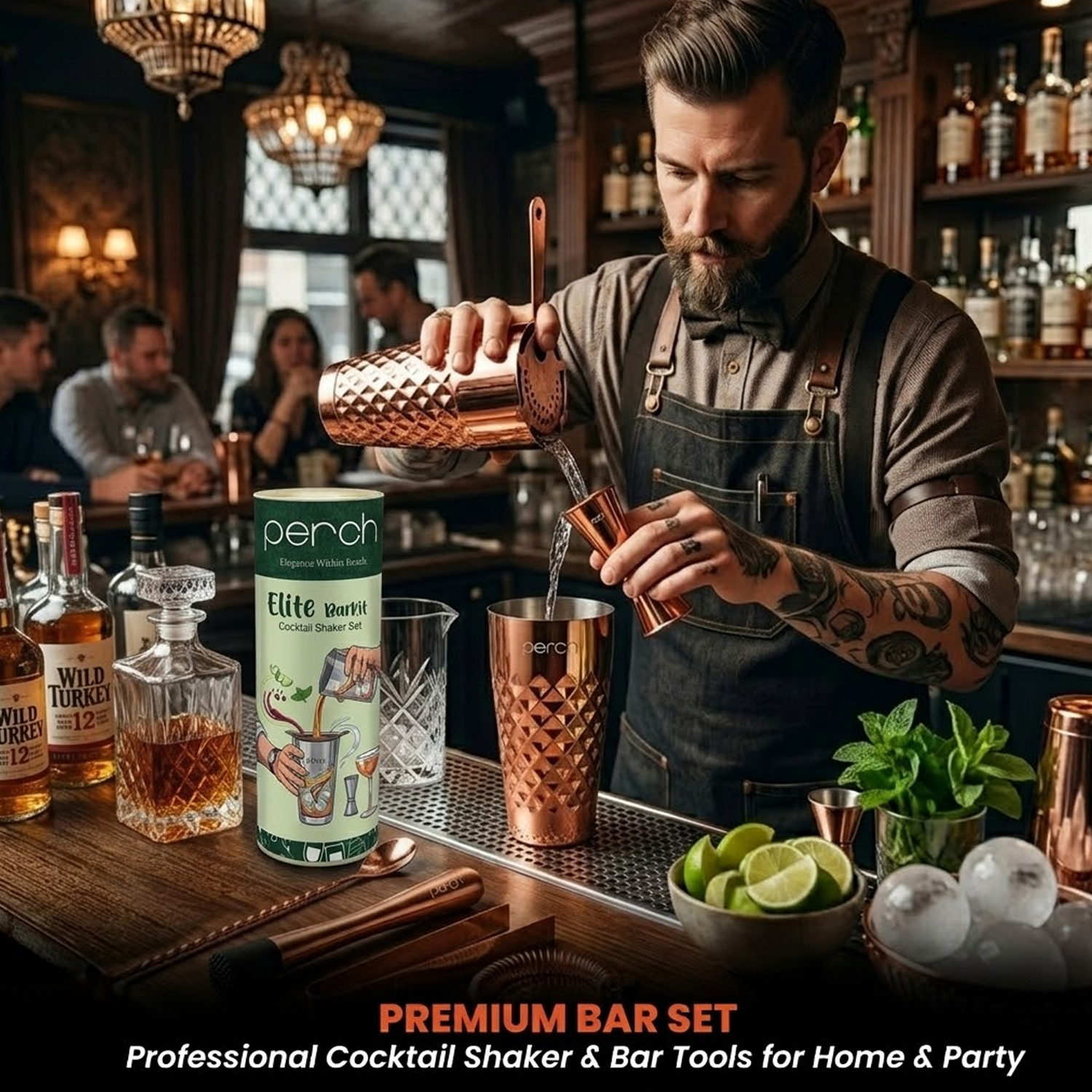 Elite 6-Piece Stainless Steel Bartender Kit | Diamond Cocktail Shaker Set with Bar Tools - Rose Gold