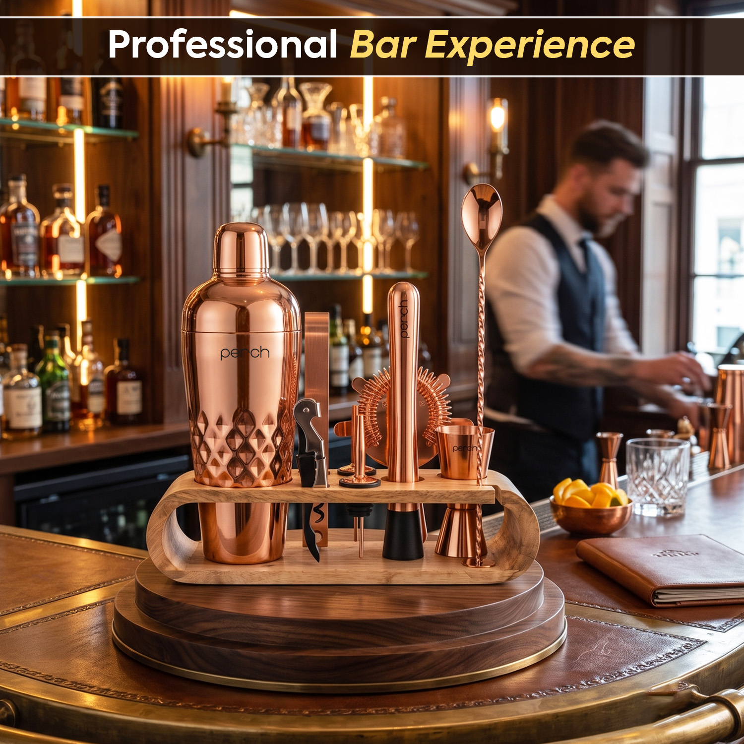 O' Holic 10-Piece Bartender Kit with Mango Wooden Stand | Belly Cocktail Shaker|Rose Gold