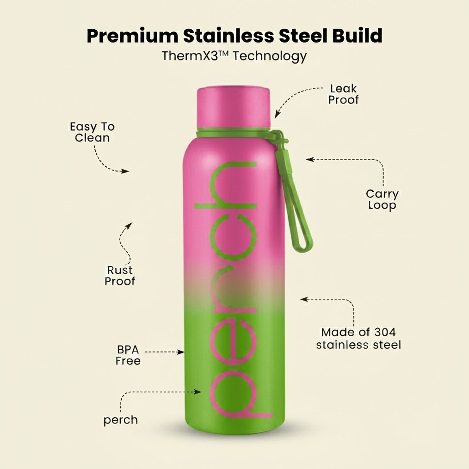 Zion Insulated 720ml Water Bottle, Neon Green & Pink