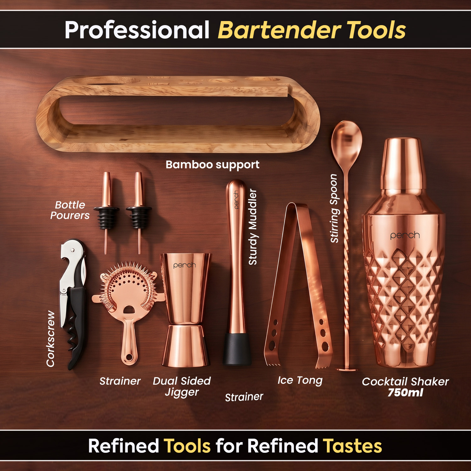 O' Holic 10-Piece Bartender Kit with Mango Wooden Stand | Diamond Cocktail Shaker Gift Set | Rose Gold