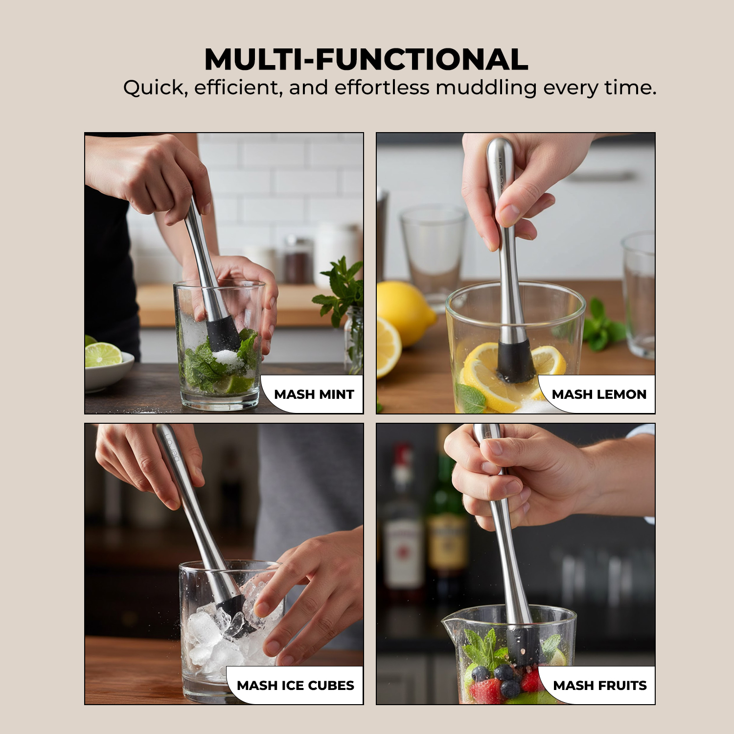 Muddler for Cocktails & Mocktails – Bar Tool for Crushing Fruits, Herbs & Ingredients – Silver