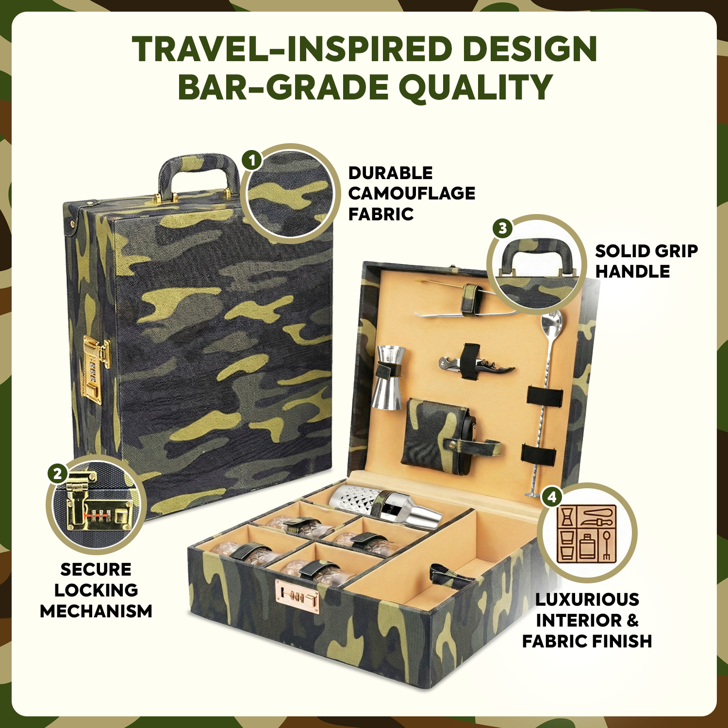 11-Piece Army Print Leatherette Suitcase Bar Set with Diamond Cocktail Shaker & 4 Whisky Glasses – Silver