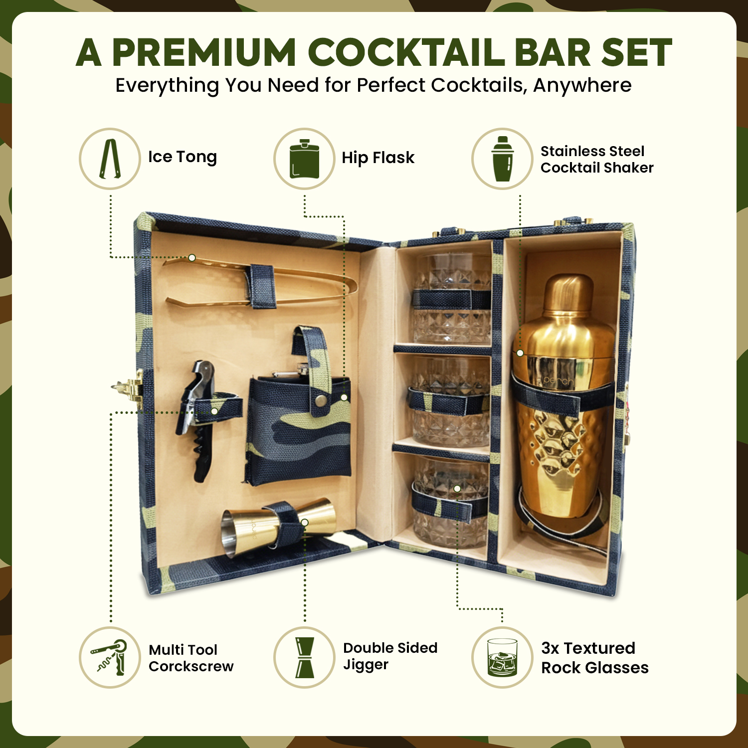9-Piece Army Print Leatherette Suitcase Bar Set with Cocktail Shaker & 3 Whisky Glasses – Golden