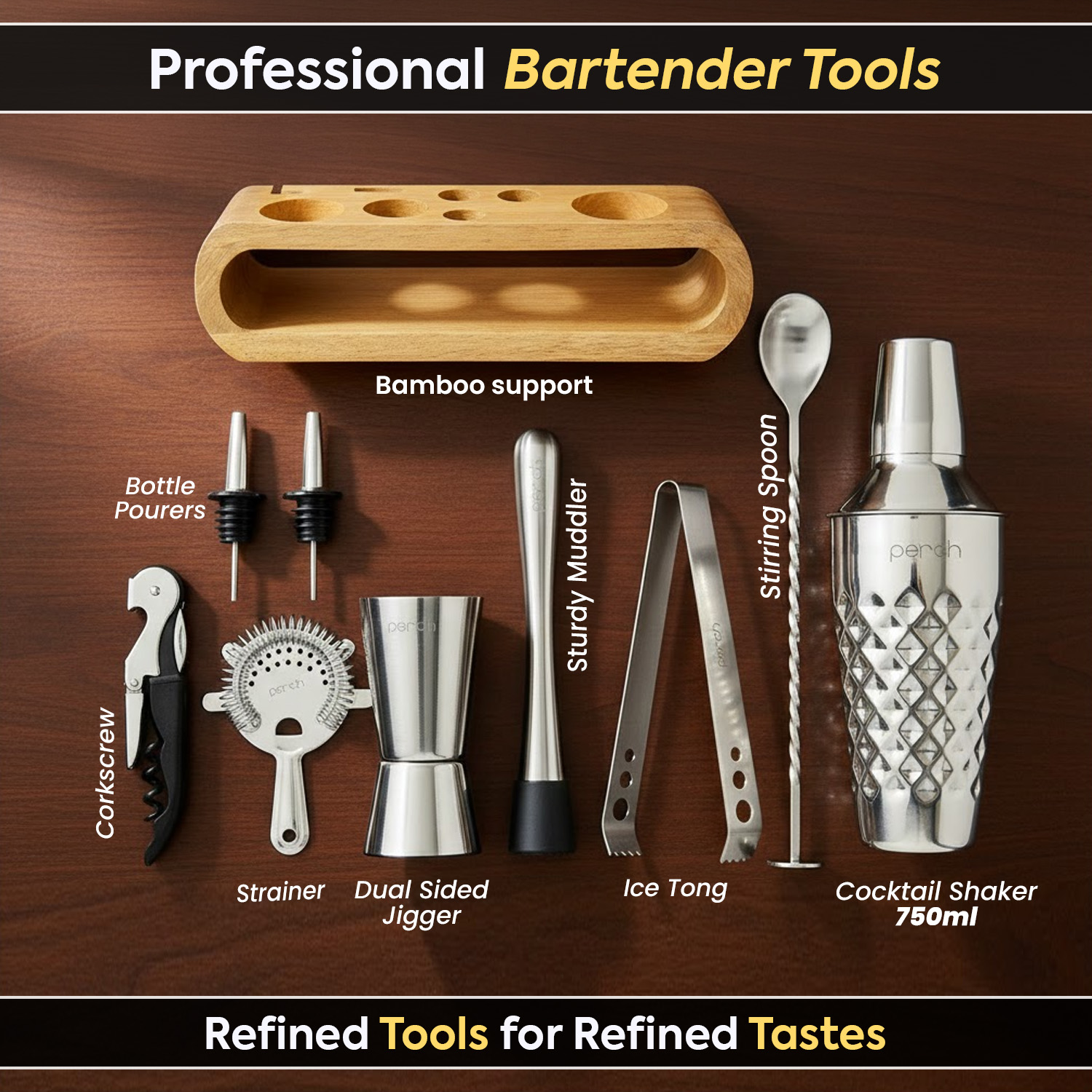 O' Holic 10-Piece Bartender Kit with Mango Wooden Stand | Diamond Cocktail Shaker Gift Set | Silver
