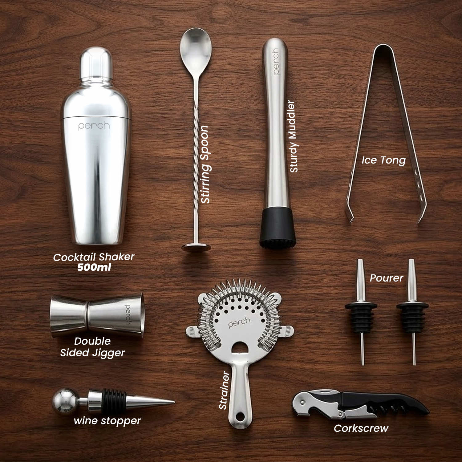 Craft 10-Piece Stainless Steel Plain Belly Cocktail Shaker Set with Bar Tools – Silver