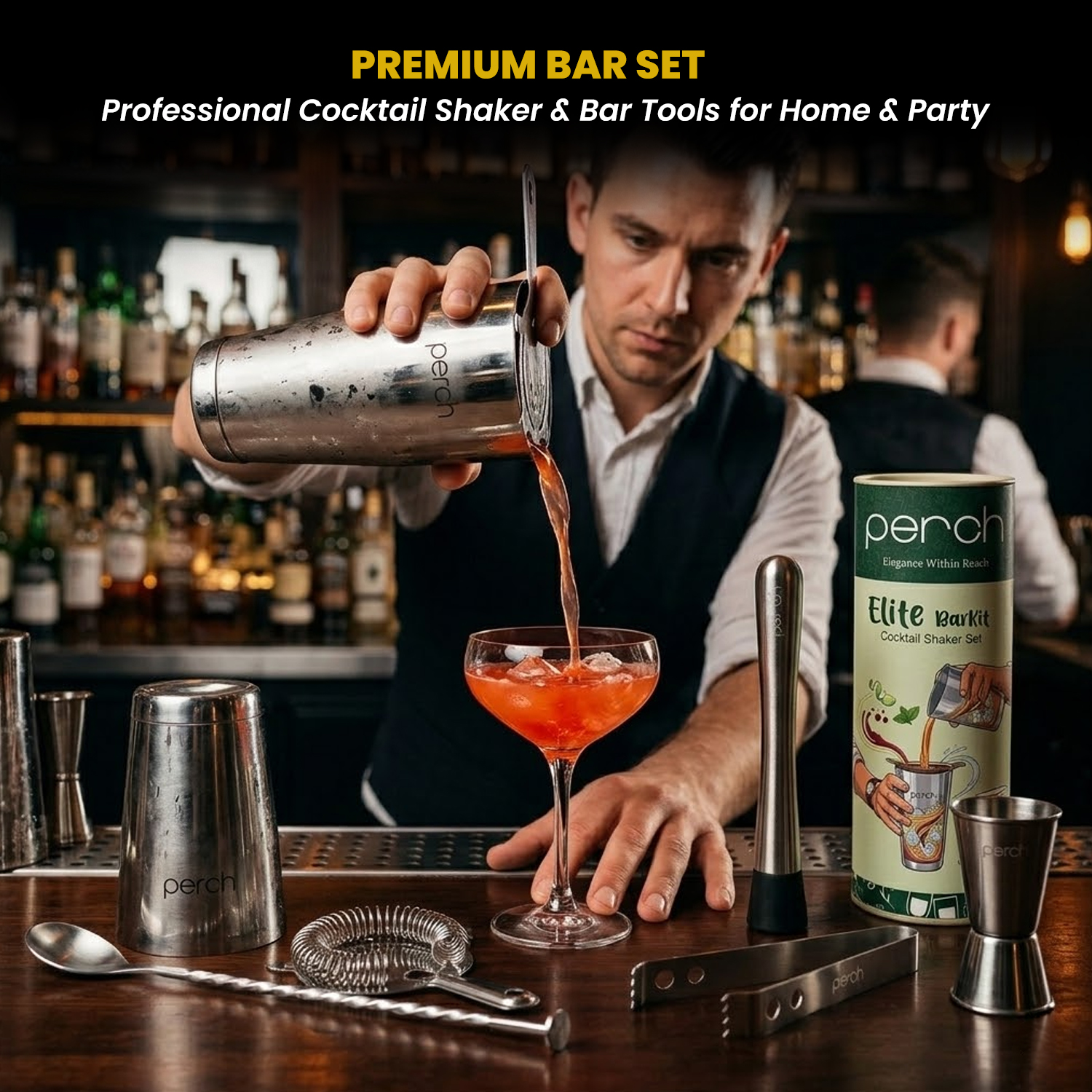 Elite 6-Piece Stainless Steel Bartender Kit | Boston Cocktail Shaker Set with Bar Tools -Silver