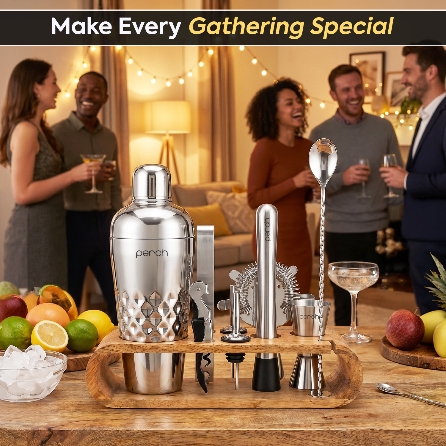 O' Holic 10-Piece Bartender Kit with Mango Wooden Stand | Belly Cocktail Shaker| Silver