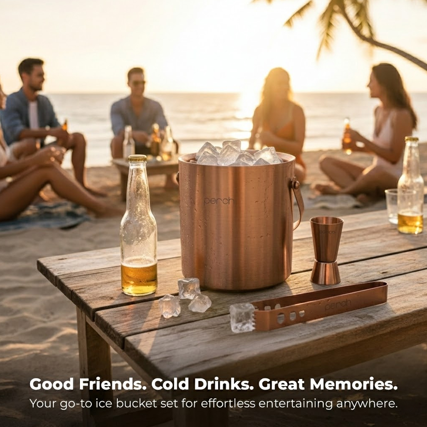 Rose Gold Stainless Steel Ice Bucket Set with Lid, Handle, Ice Tong & Jigger – 1.5L