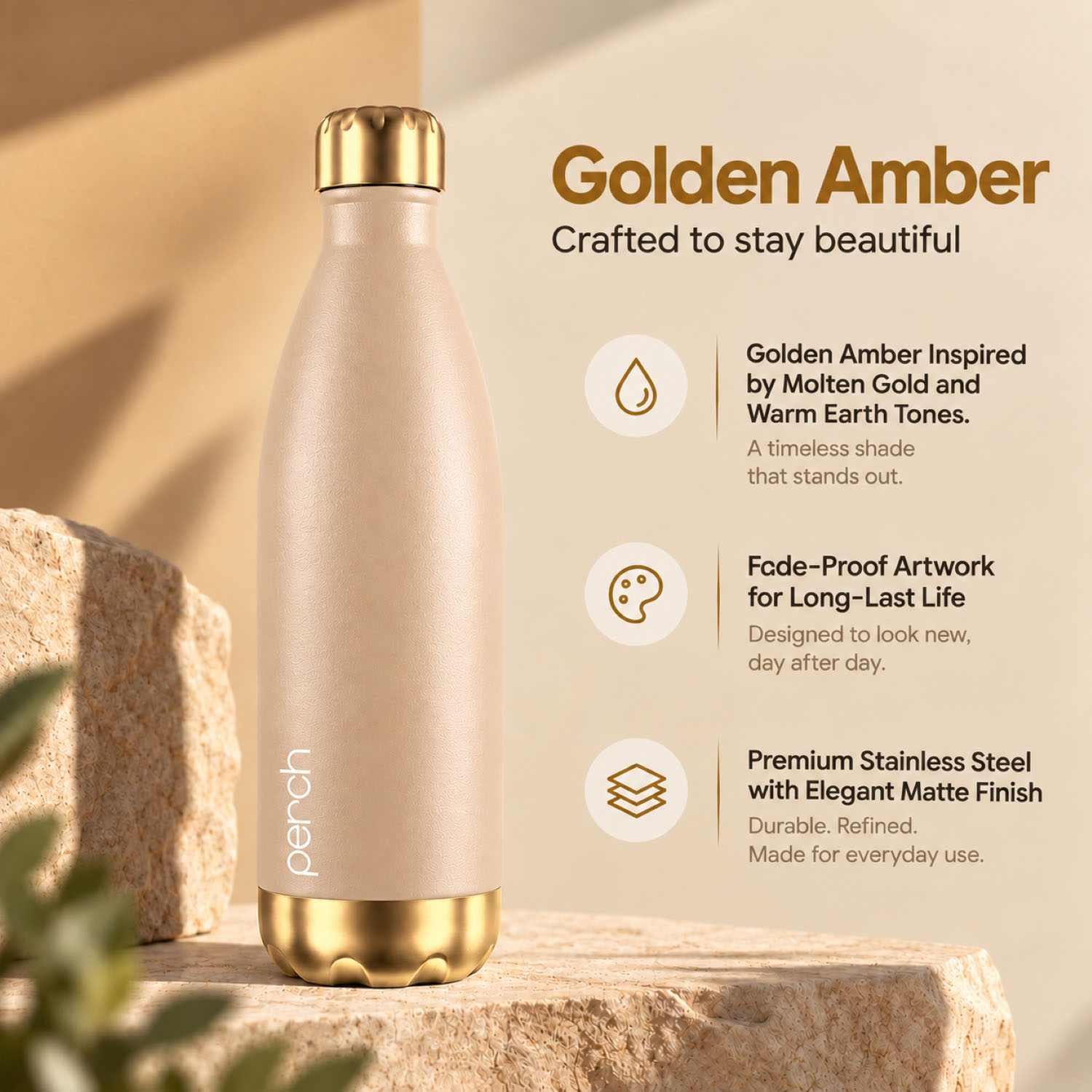 Retro 980ml Vacuum Insulated Stainless Steel Water Bottle, Golden-Amber