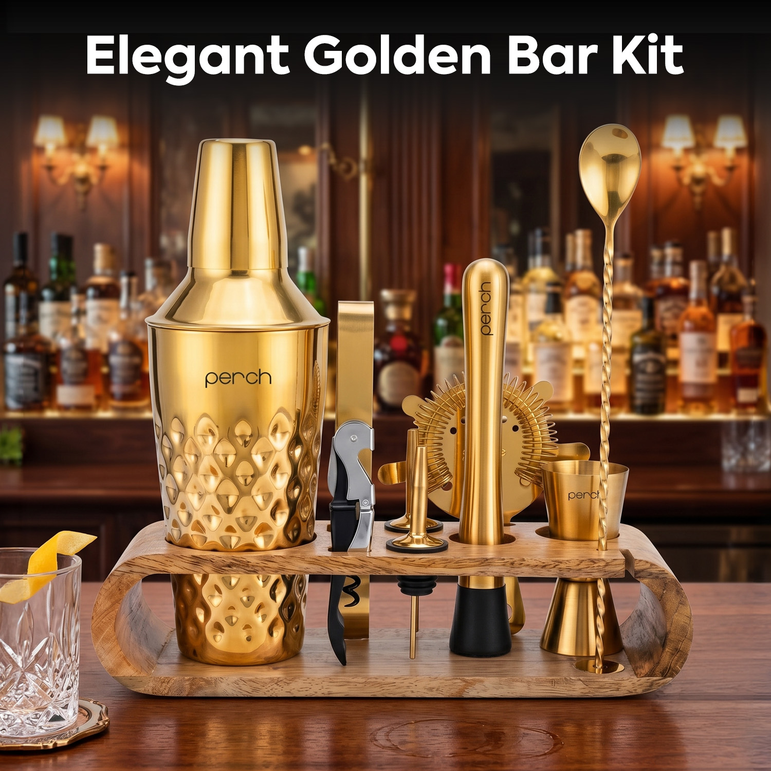 O' Holic 10-Piece Bartender Kit with Mango Wooden Stand | Diamond Cocktail Shaker | Golden