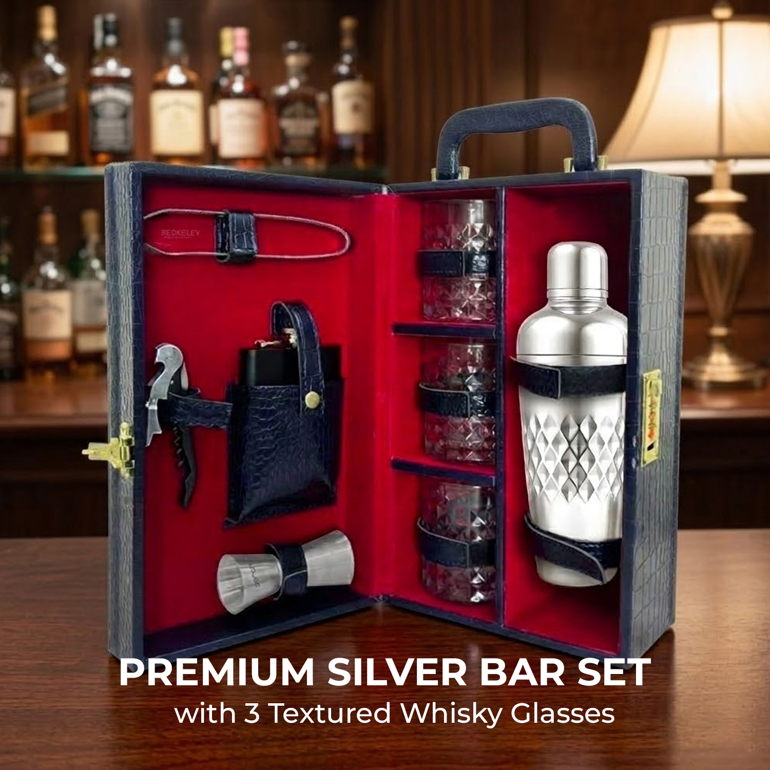 9-Piece Crocodile Print Leatherette Suitcase Bar Set with Cocktail Shaker & 3 Whisky Glasses – Silver