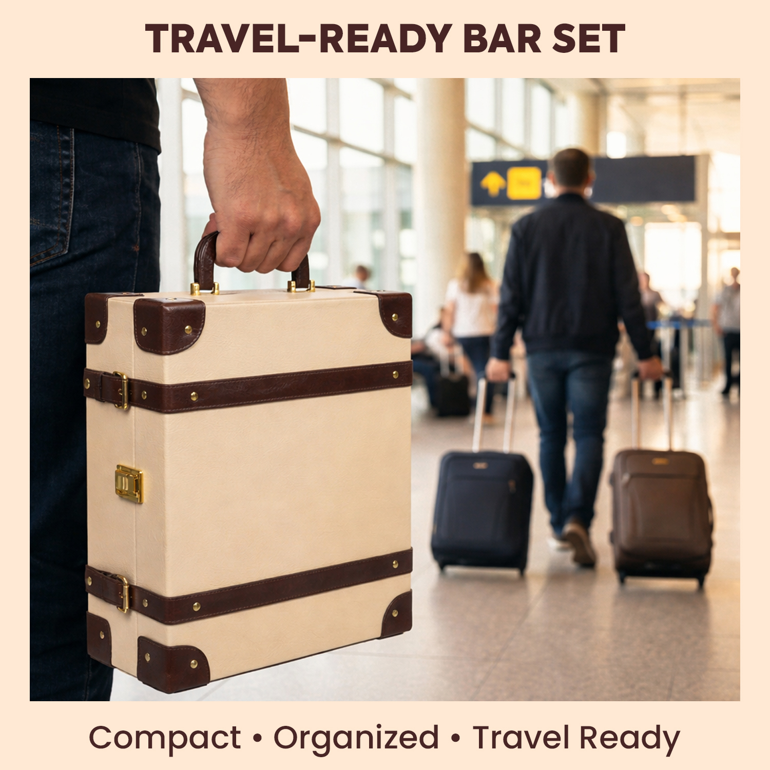11-Piece Brown Leatherette Suitcase Bar Set with Diamond Cocktail Shaker & 4 Whisky Glasses – Silver