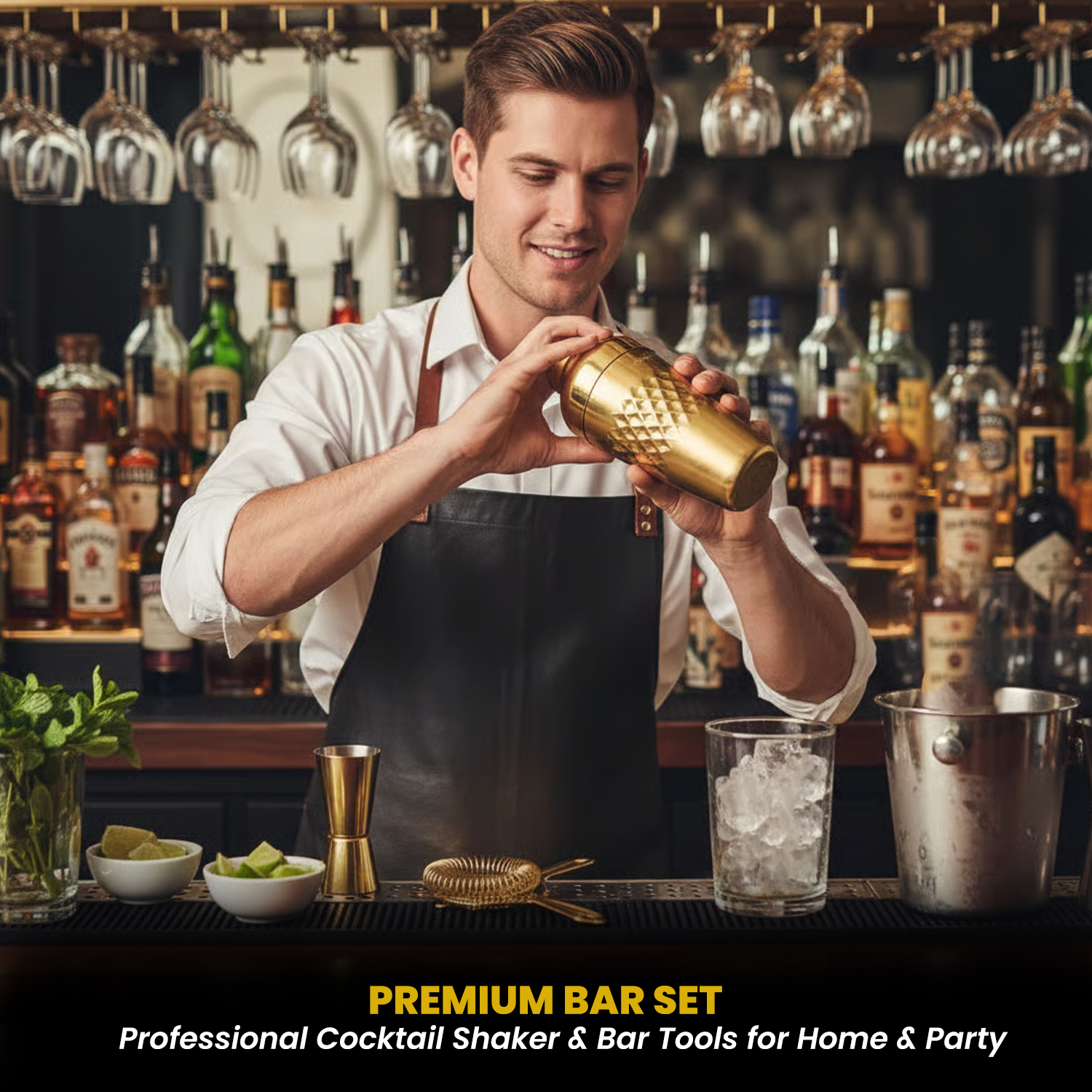 Elite 6-Piece Stainless Steel Bartender Kit | Belly Cocktail Shaker Set with Bar Tools - Golden