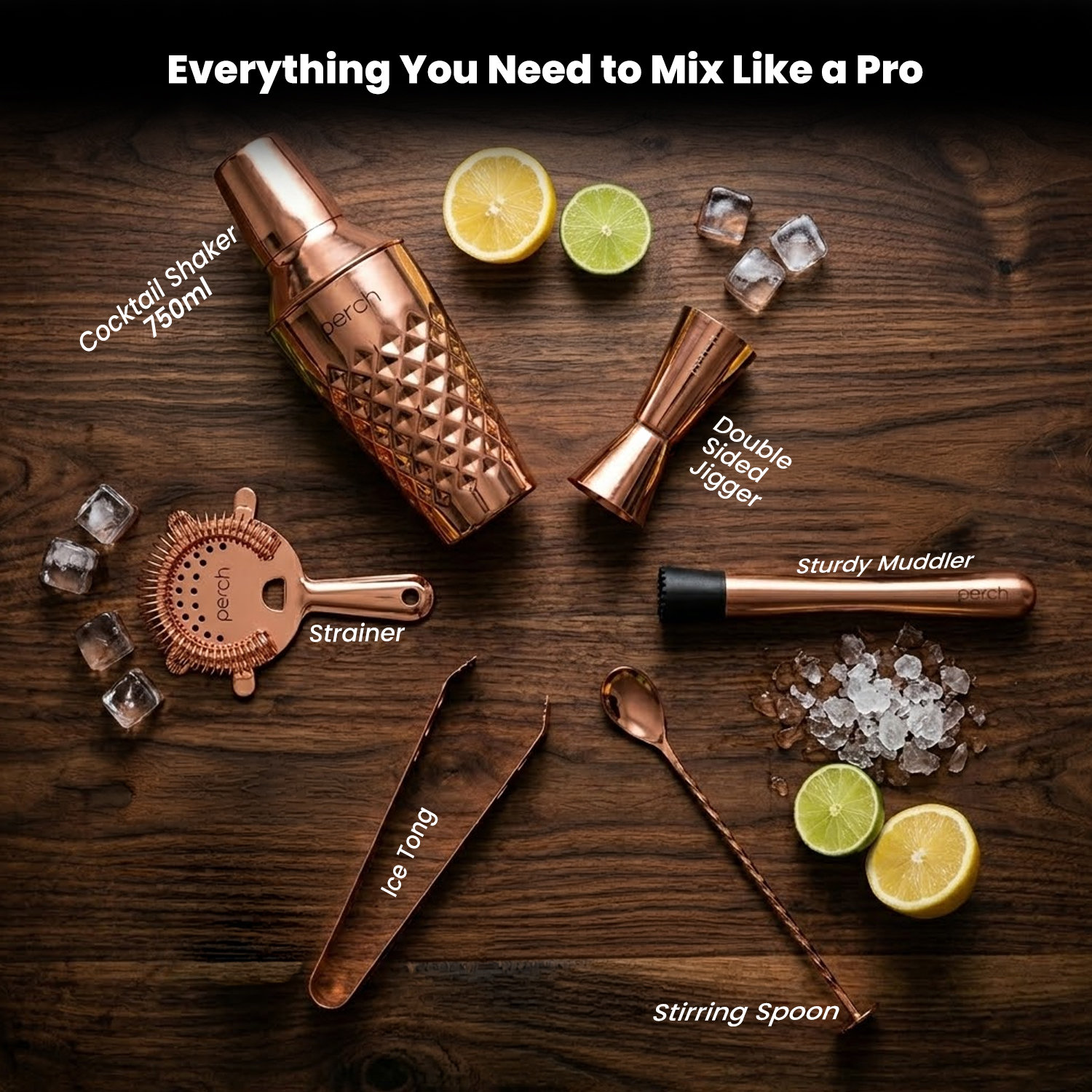 Elite 6-Piece Stainless Steel Bartender Kit | Diamond Cocktail Shaker Set with Bar Tools - Rose Gold