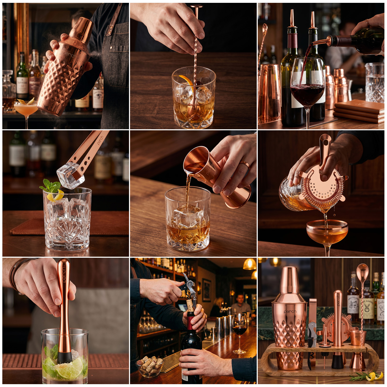 O' Holic 10-Piece Bartender Kit with Mango Wooden Stand | Diamond Cocktail Shaker Gift Set | Rose Gold