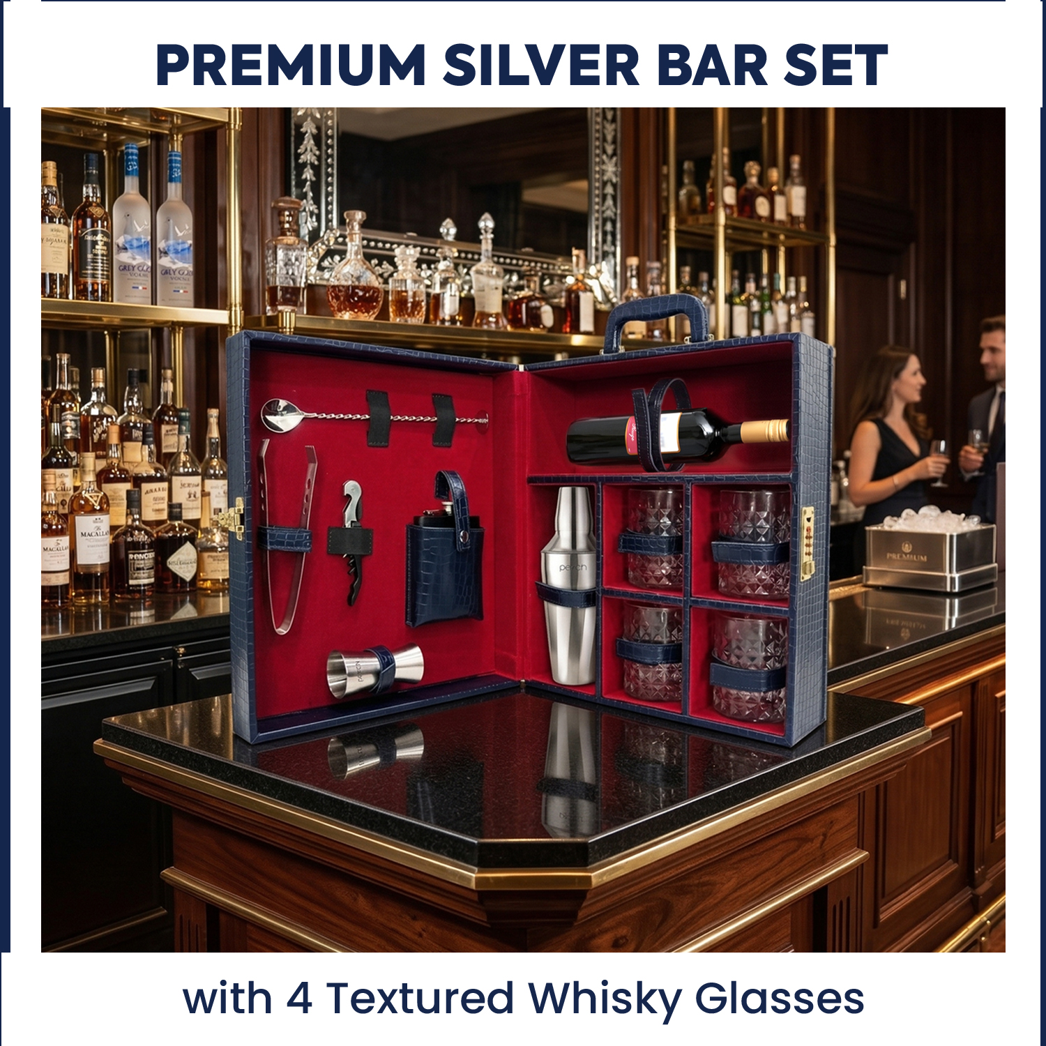 11-Piece Crocodile Print Leatherette Suitcase Bar Set with Twist Cocktail Shaker & 4 Whisky Glasses – Silver