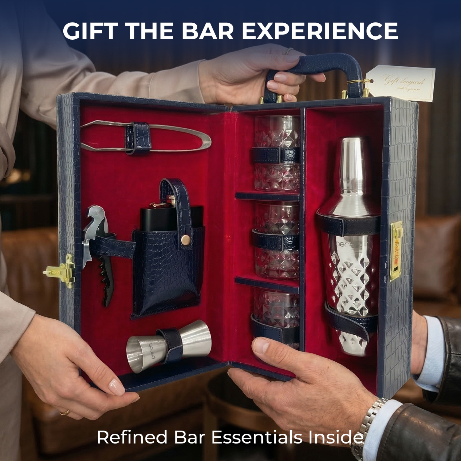 9-Piece Crocodile Print Leatherette Suitcase Bar Set with Cocktail Shaker & 3 Whisky Glasses – Silver