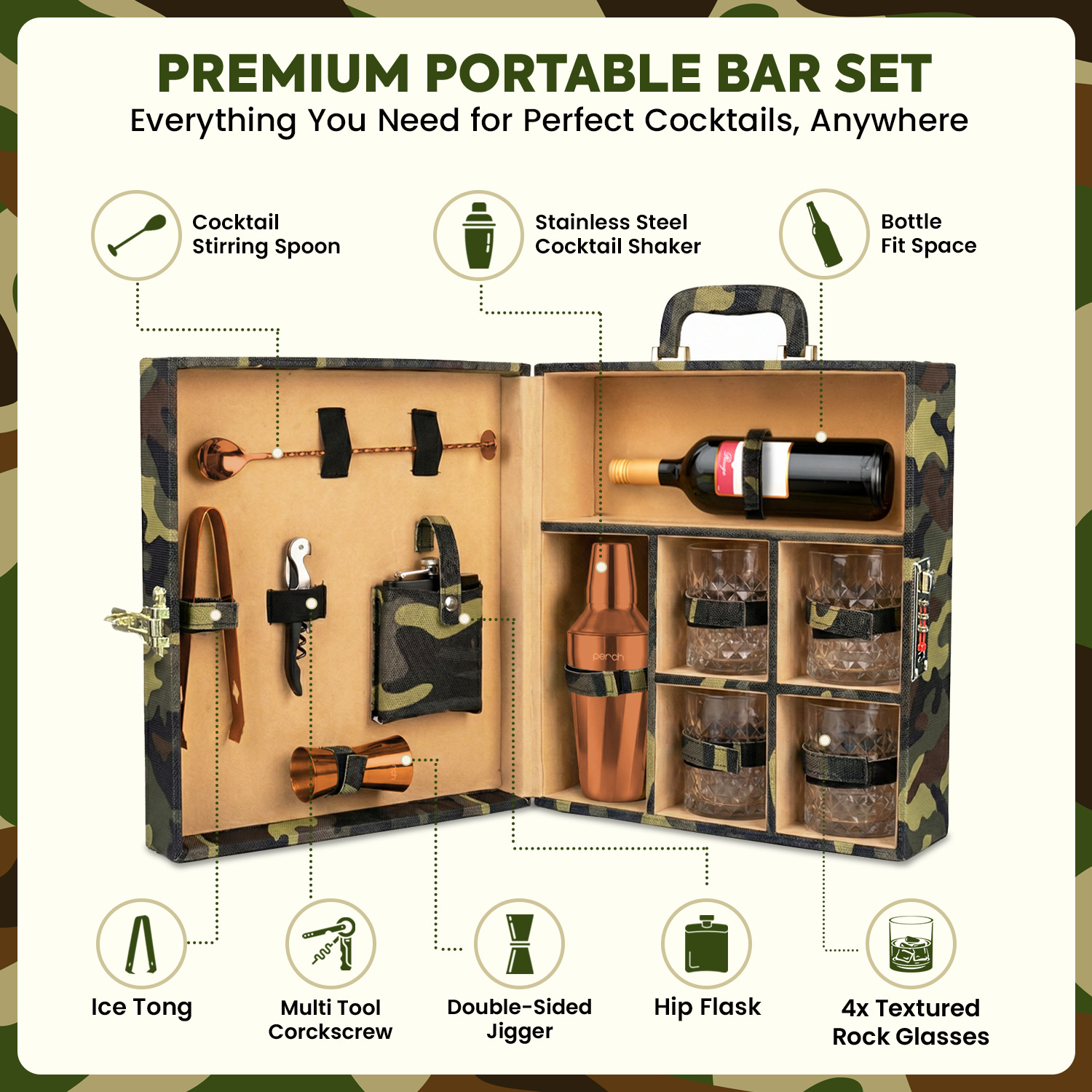 11-Piece Army Print Leatherette Suitcase Bar Set with Twist Cocktail Shaker & 4 Whisky Glasses – Rose Gold