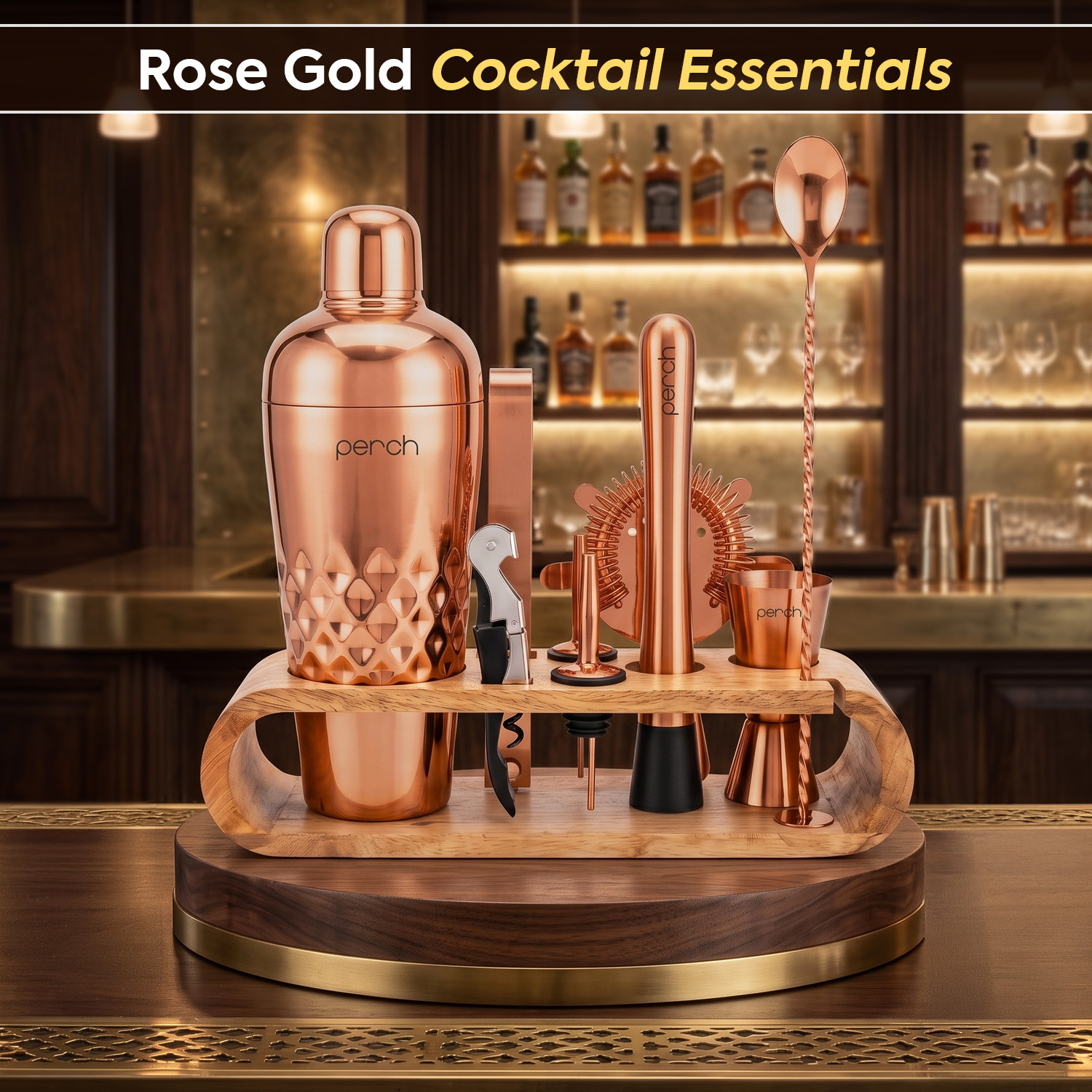 O' Holic 10-Piece Bartender Kit with Mango Wooden Stand | Belly Cocktail Shaker|Rose Gold