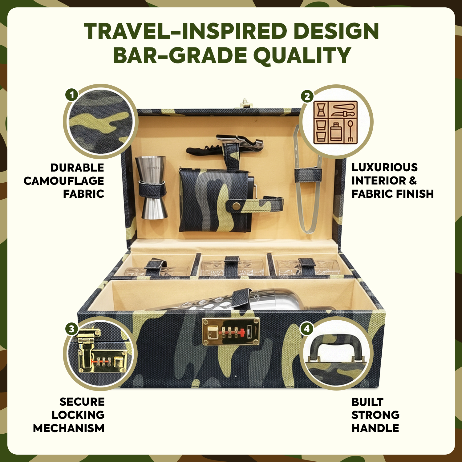 9-Piece Army Print Leatherette Suitcase Bar Set with Cocktail Shaker & 3 Whisky Glasses – Silver