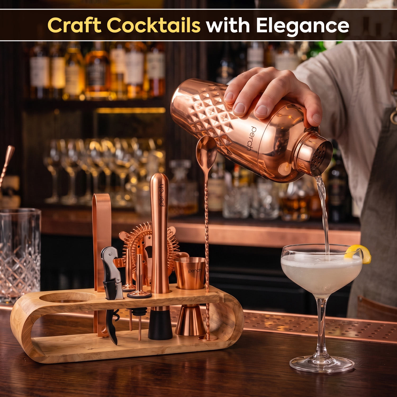O' Holic 10-Piece Bartender Kit with Mango Wooden Stand | Belly Cocktail Shaker Gift Set | Rose Gold