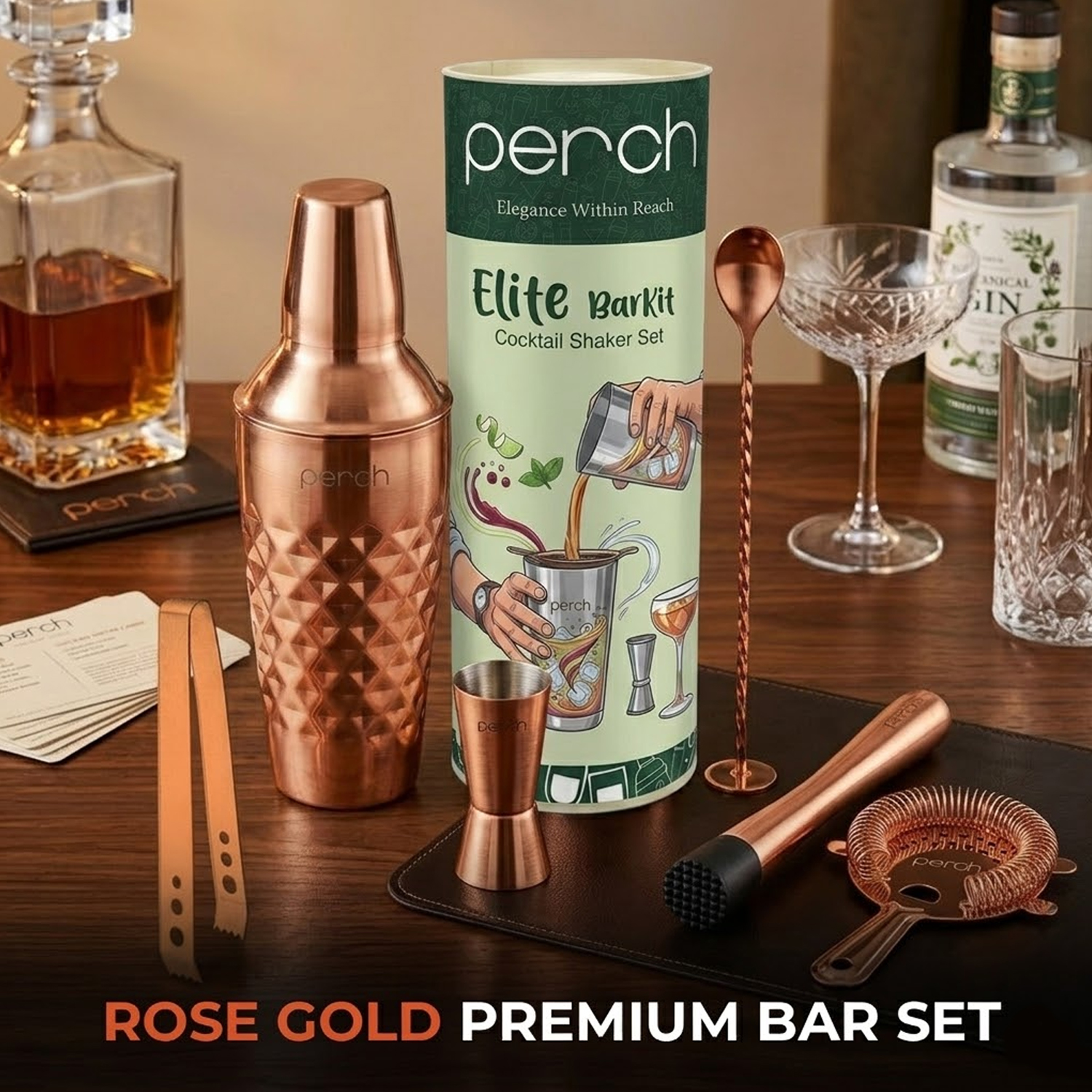 Elite 6-Piece Stainless Steel Bartender Kit | Diamond Cocktail Shaker Set with Bar Tools - Rose Gold