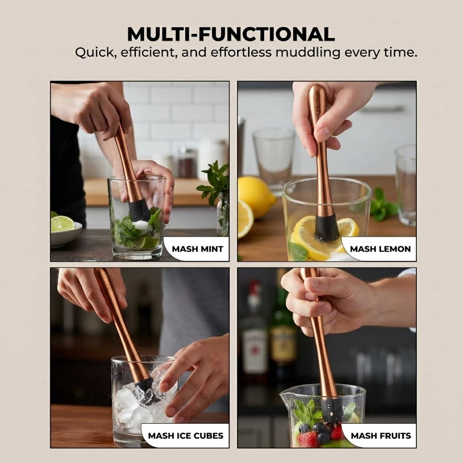 Muddler for Cocktails & Mocktails – Bar Tool for Crushing Fruits, Herbs & Ingredients – Rose Gold
