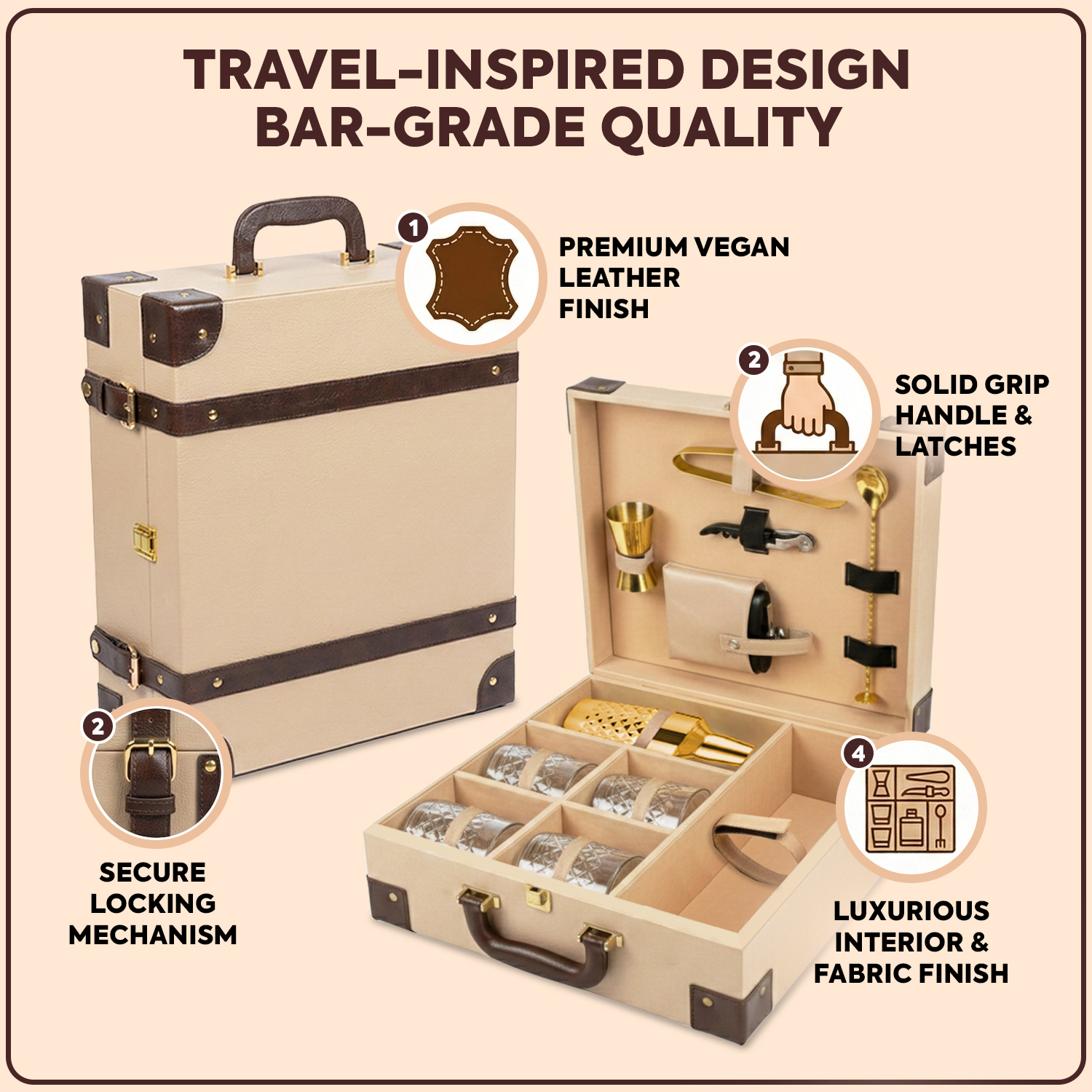 11-Piece Brown Leatherette Suitcase Bar Set with Diamond Cocktail Shaker & 4 Whisky Glasses – Golden
