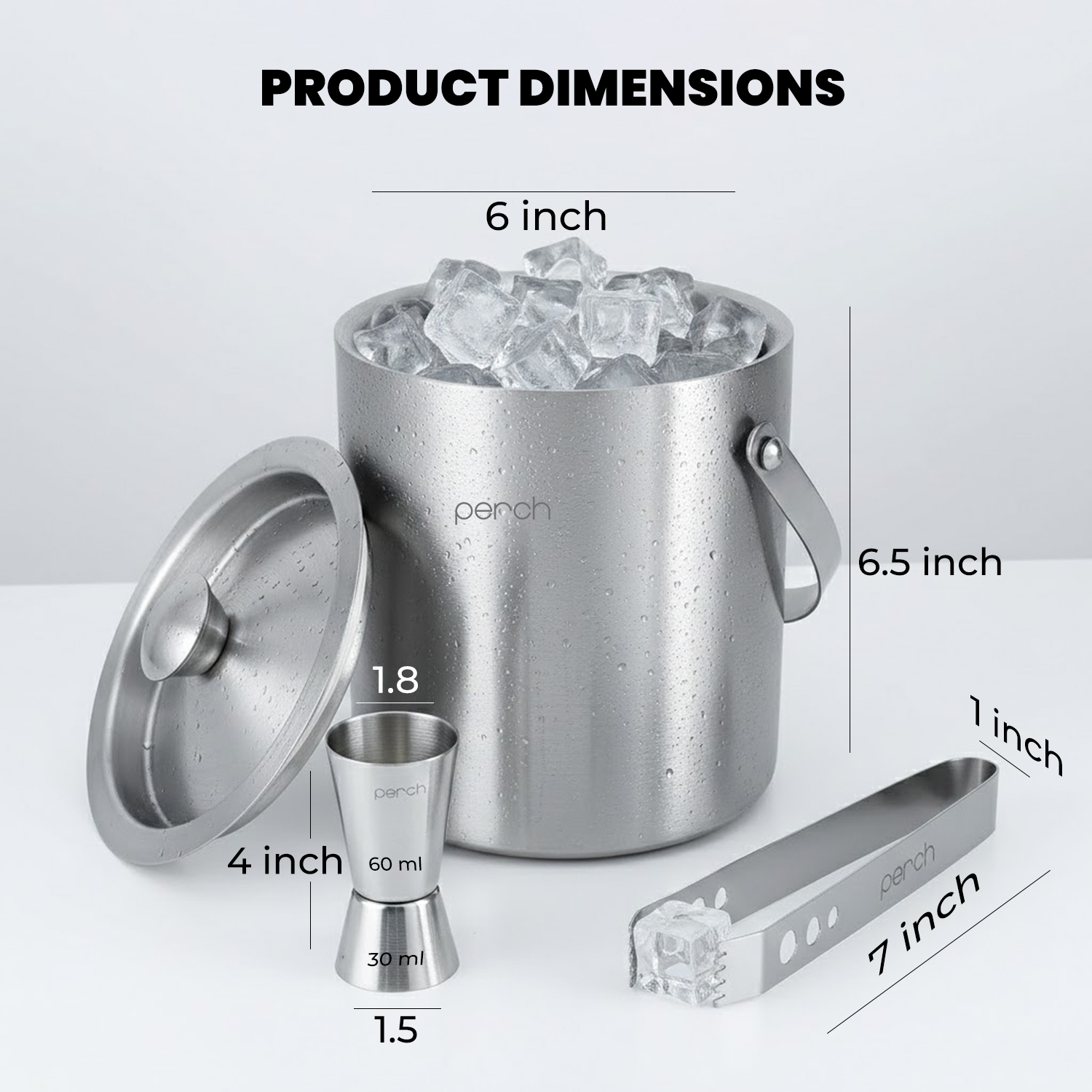 Silver Stainless Steel Ice Bucket Set with Lid, Handle, Ice Tong & Jigger – 1.5L