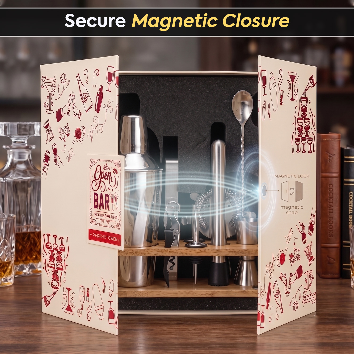 O' Holic 10-Piece Bartender Kit with Mango Wooden Stand | Twist Cocktail Shaker | Silver