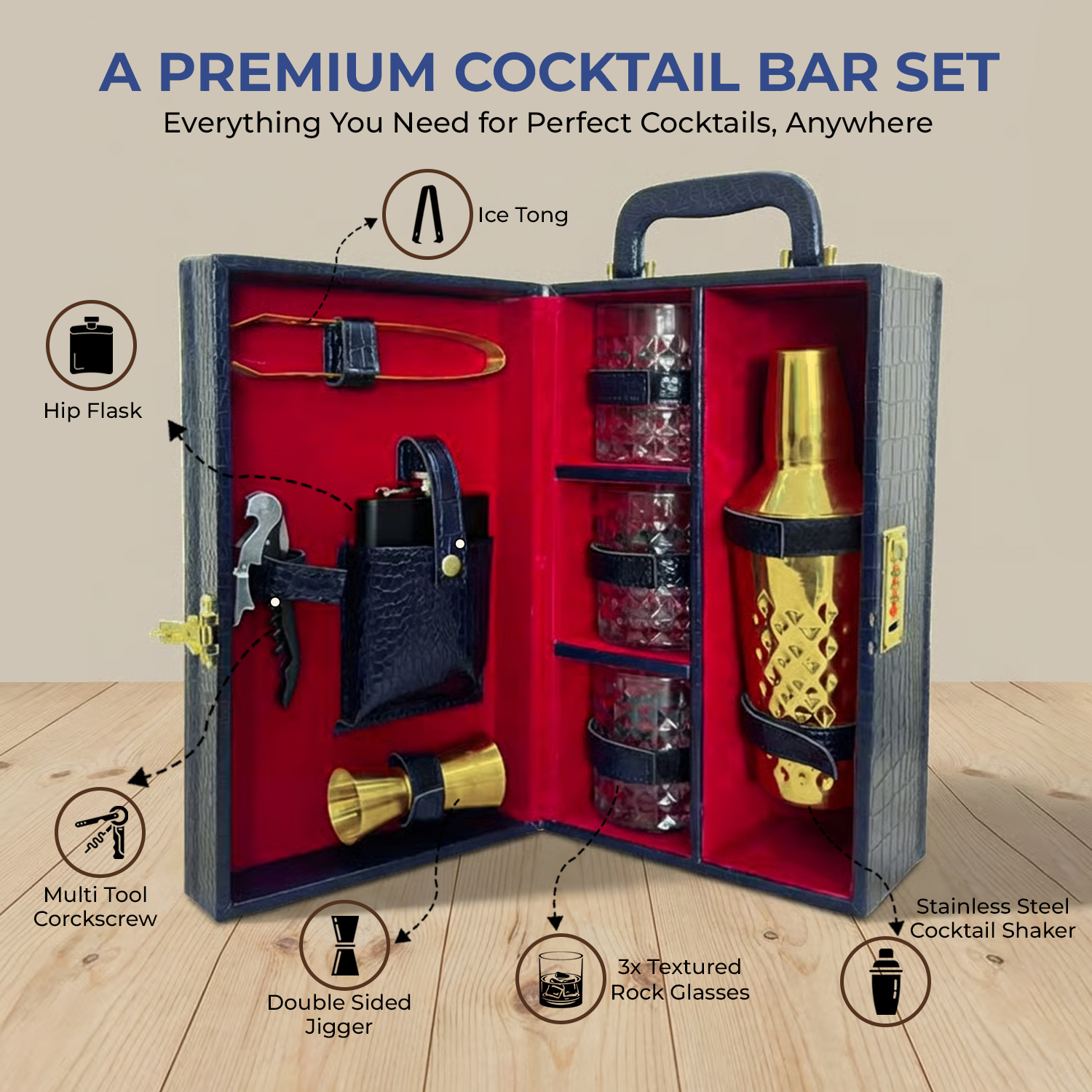 9-Piece Crocodile Print Leatherette Suitcase Bar Set with Cocktail Shaker & 3 Whisky Glasses – Golden