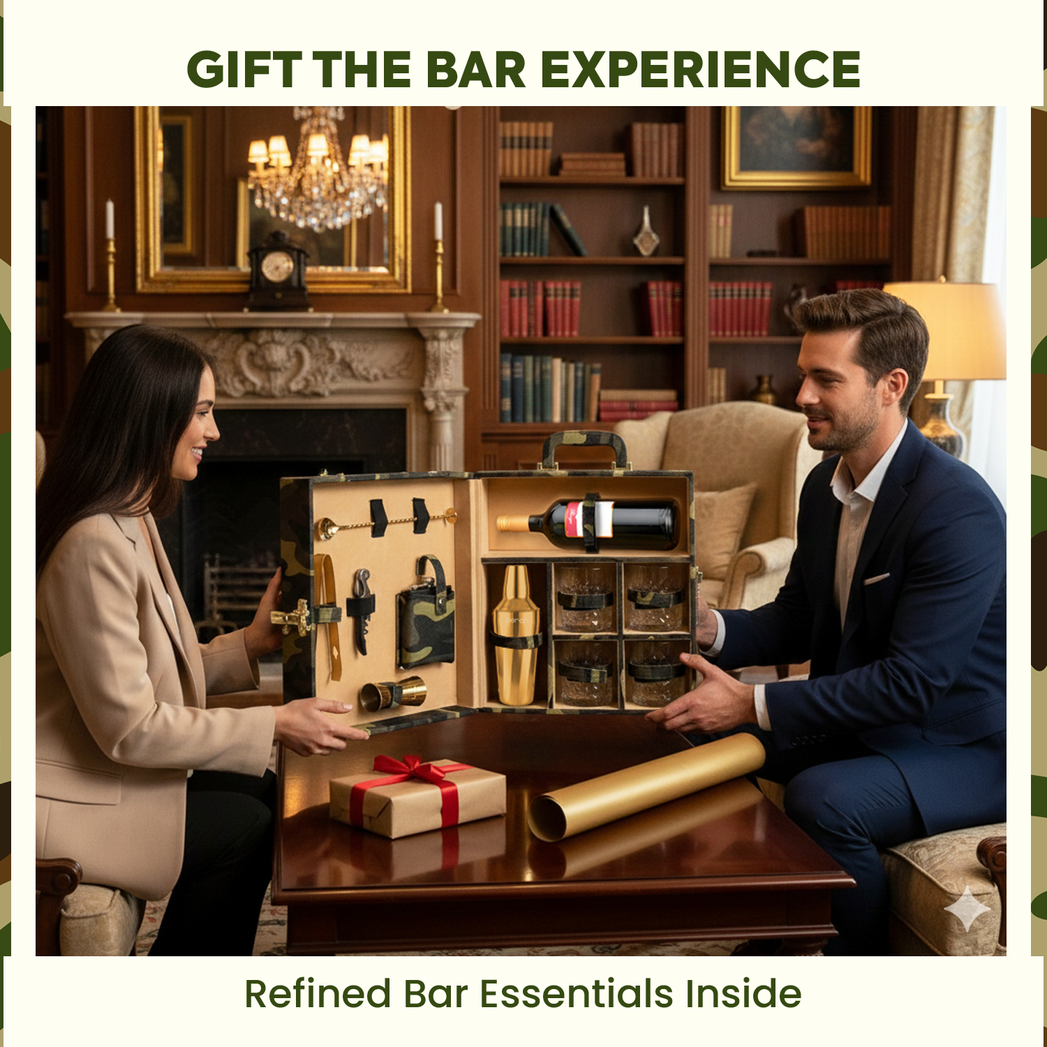 11-Piece Army Print Leatherette Suitcase Bar Set with Twist Cocktail Shaker & 4 Whisky Glasses – Golden