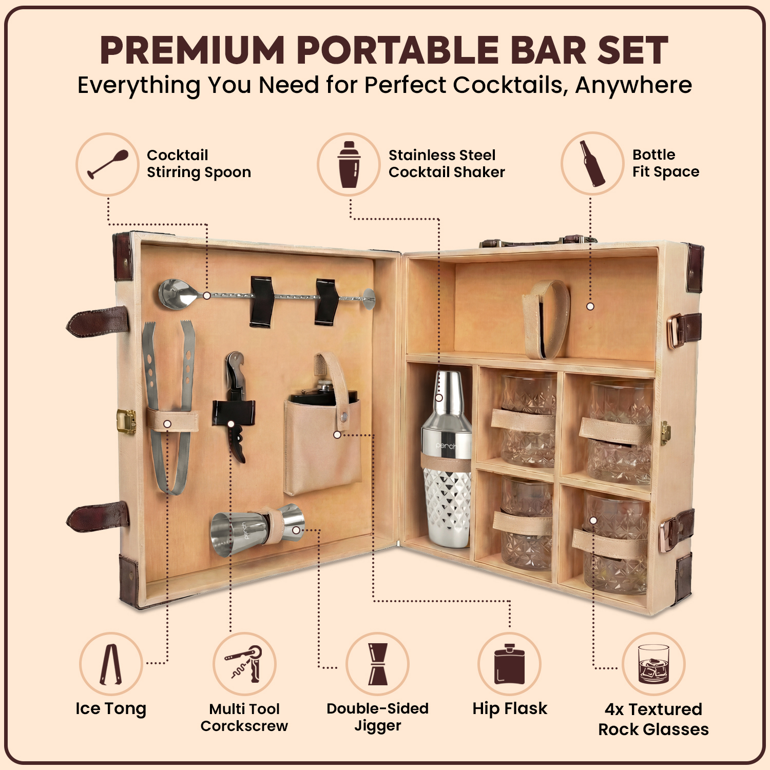 11-Piece Brown Leatherette Suitcase Bar Set with Diamond Cocktail Shaker & 4 Whisky Glasses – Silver