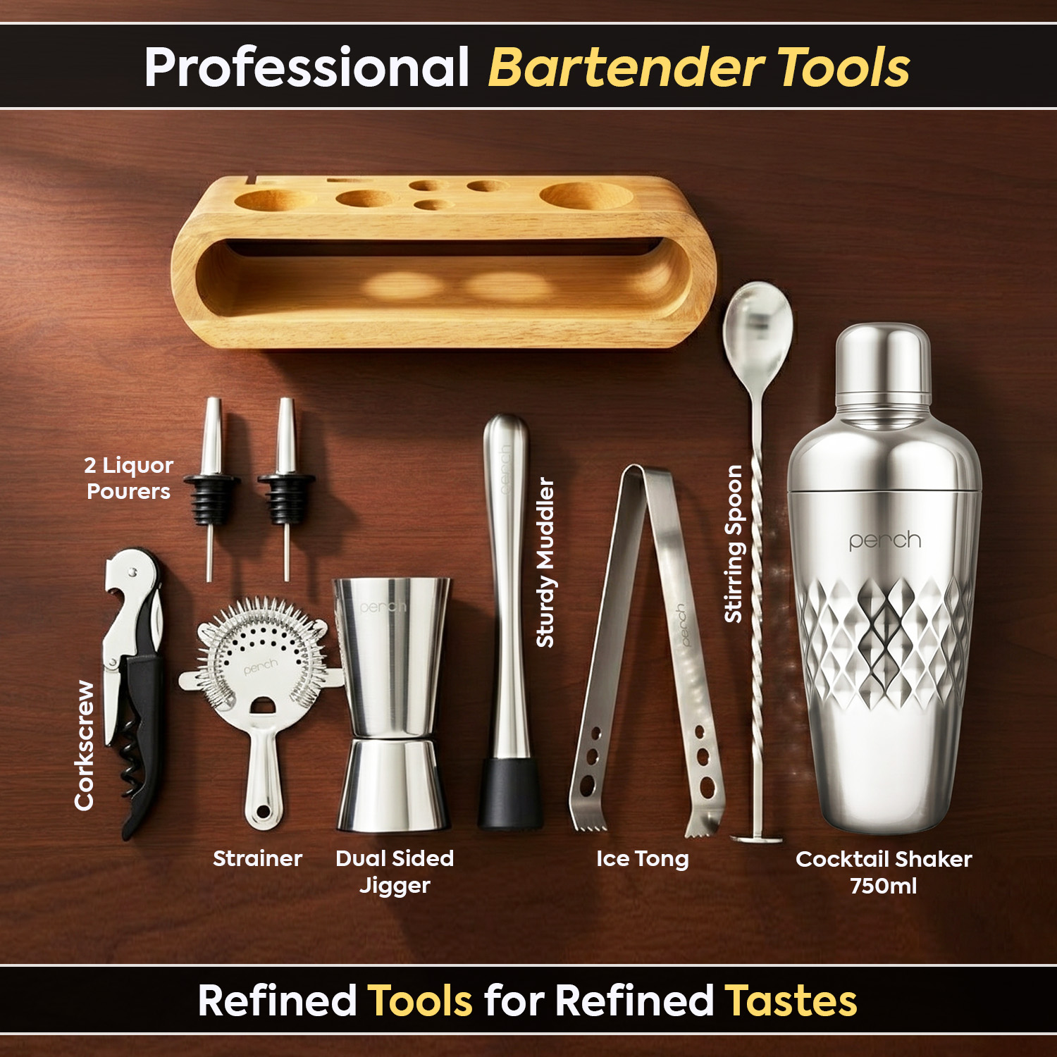 O' Holic 10-Piece Bartender Kit with Mango Wooden Stand | Belly Cocktail Shaker Gift Set | Silver
