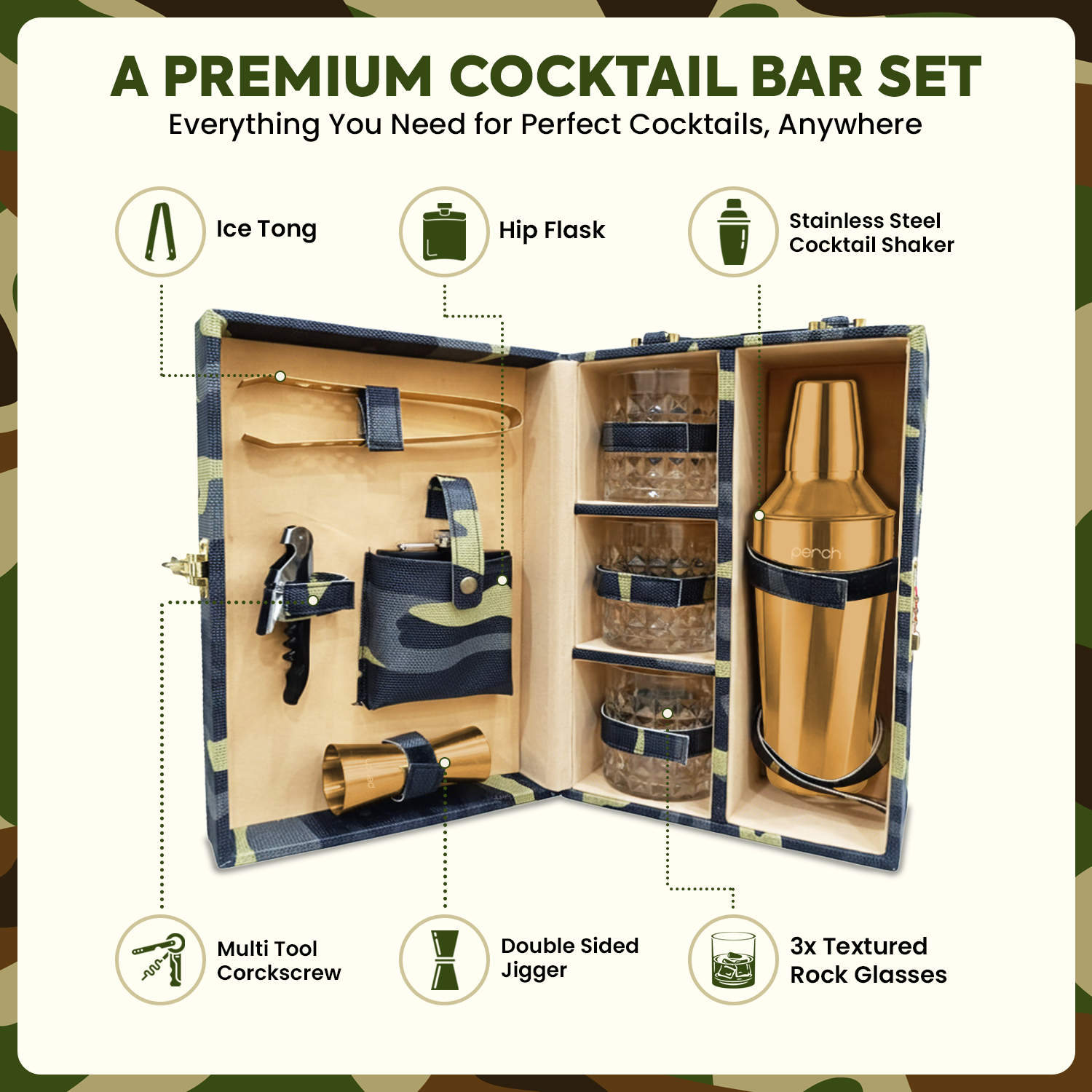 9-Piece Army Print Leatherette Suitcase Bar Set with Cocktail Shaker & 3 Whisky Glasses – Golden
