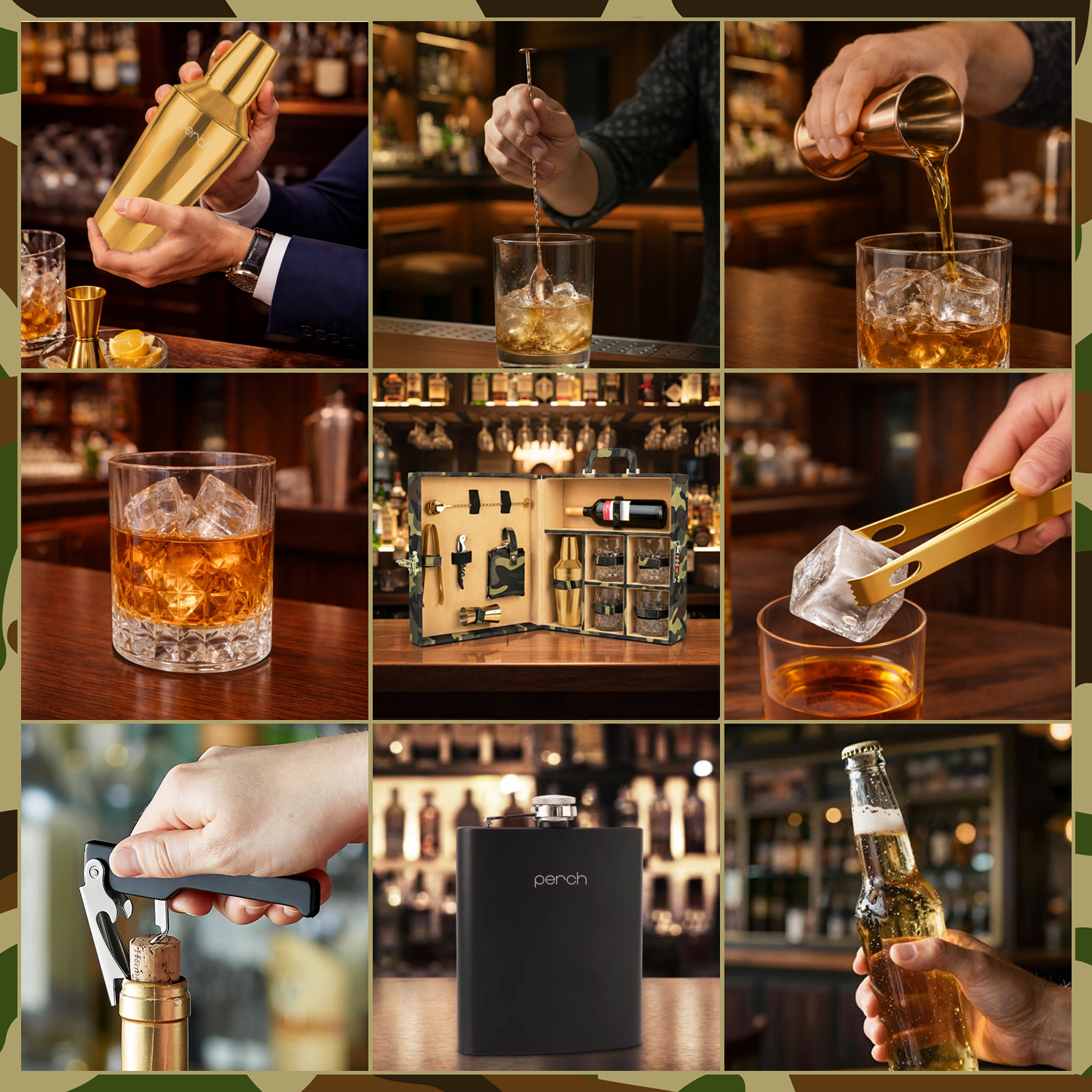 11-Piece Army Print Leatherette Suitcase Bar Set with Twist Cocktail Shaker & 4 Whisky Glasses – Golden