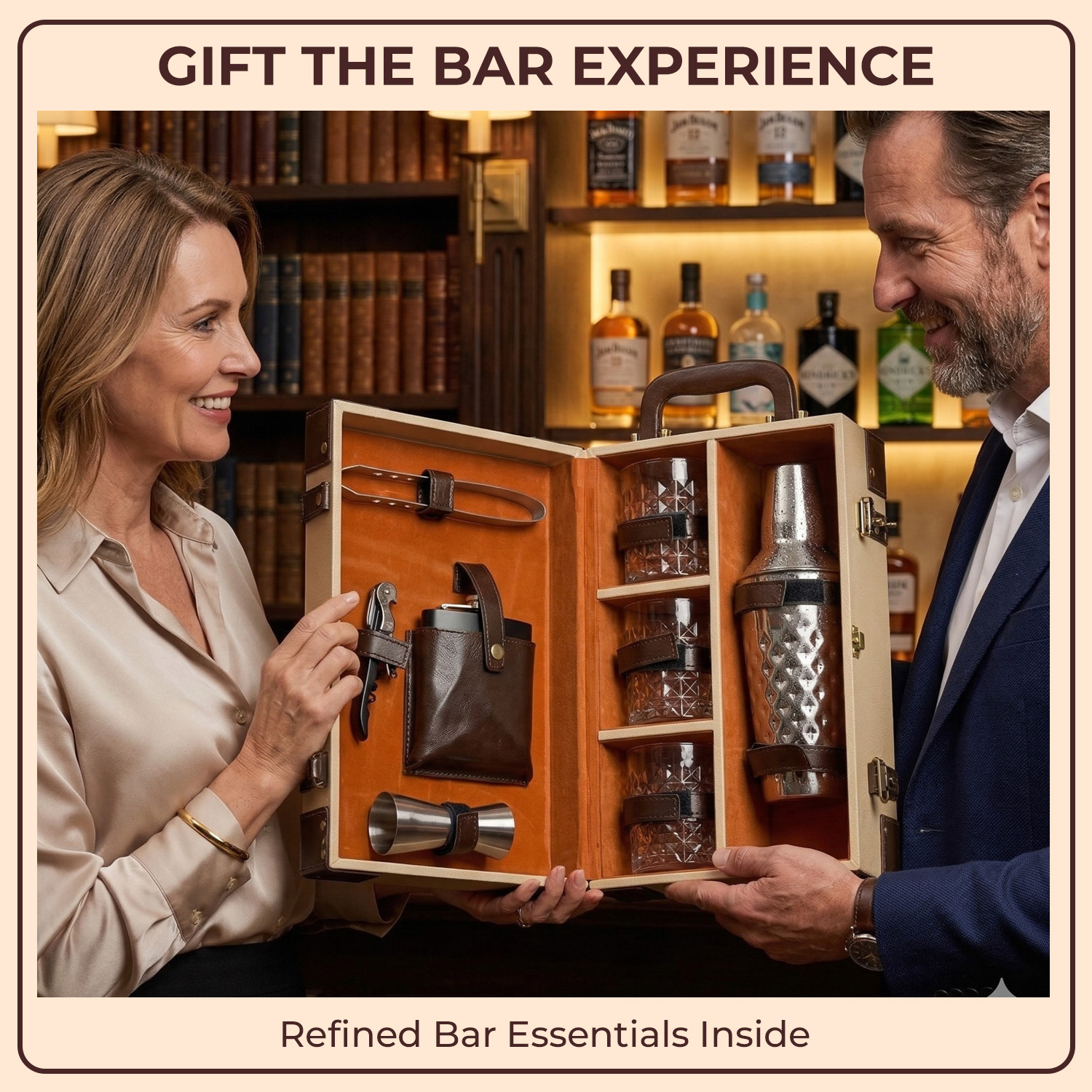 9-Piece Brown Leatherette Suitcase Bar Set with Cocktail Shaker & 3 Whisky Glasses – Silver