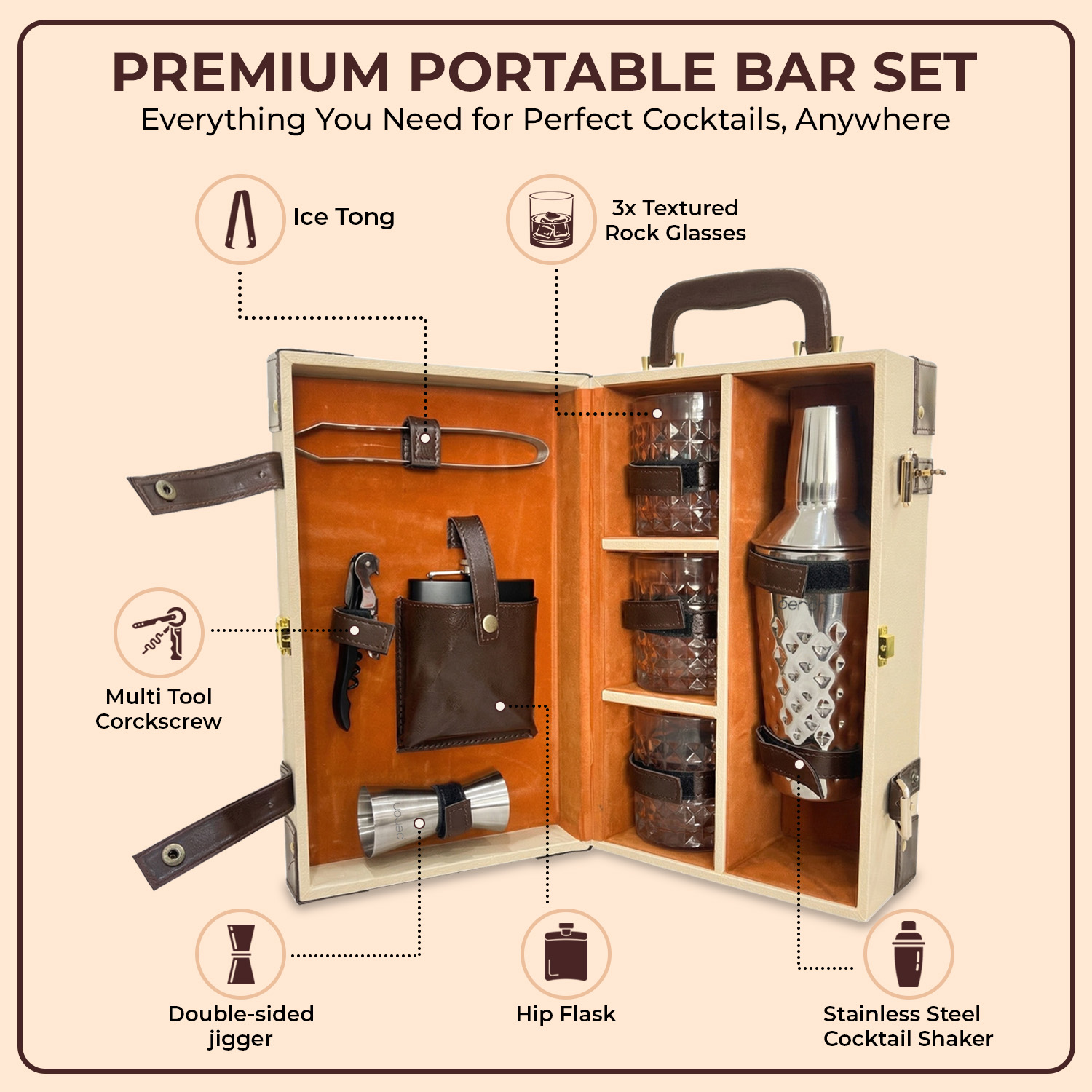 9-Piece Brown Leatherette Suitcase Bar Set with Cocktail Shaker & 3 Whisky Glasses – Silver