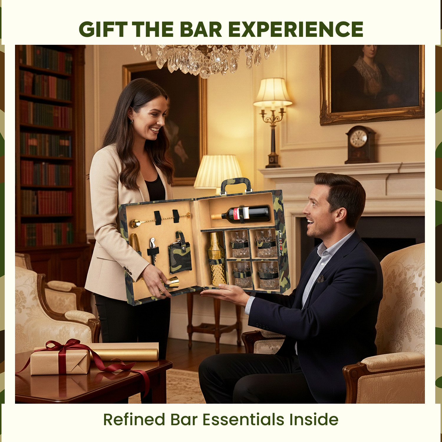 11-Piece Army Print Leatherette Suitcase Bar Set with Diamond Cocktail Shaker & 4 Whisky Glasses – Golden