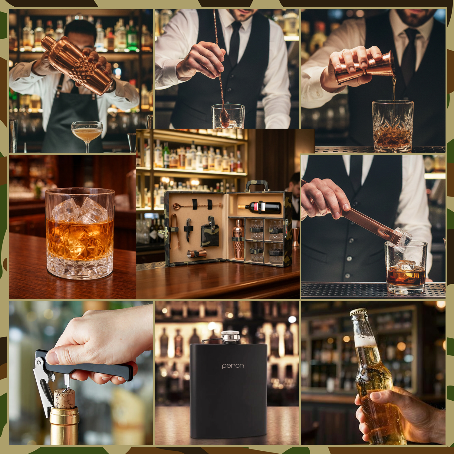 11-Piece Army Print Leatherette Suitcase Bar Set with Belly Cocktail Shaker & 4 Whisky Glasses – Rose Gold
