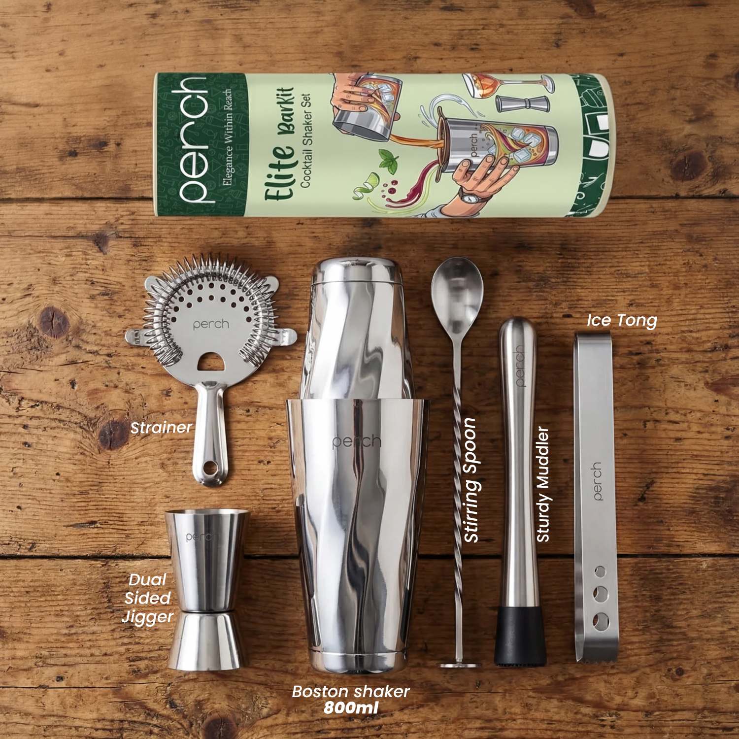 Elite 6-Piece Stainless Steel Bartender Kit | Twist Cocktail Shaker Set with Bar Tools - Silver